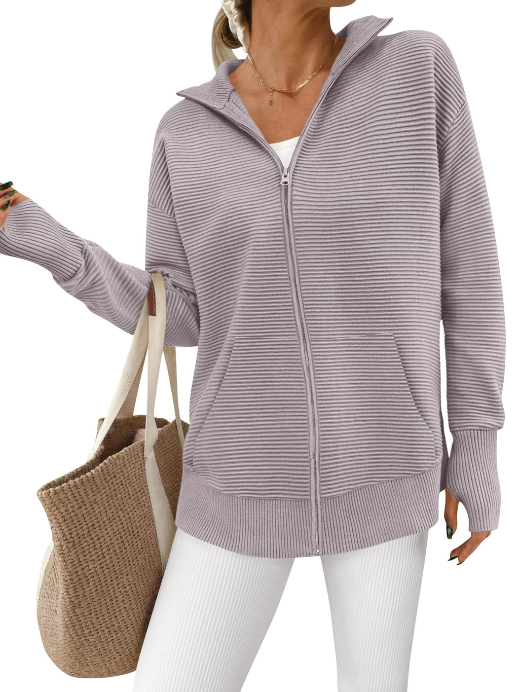 PRETTYGARDEN Womens Fall Long Sleeve Zip Up Cardigan Sweaters Casual Loose Collared Ribbed Knit Tops Jackets Thumb Hole