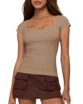 FreshPretty T Shirts for Women Square Neck Tops Spring Trendy Fashion Going Out Workout Y2k Clothes Summer Outfits