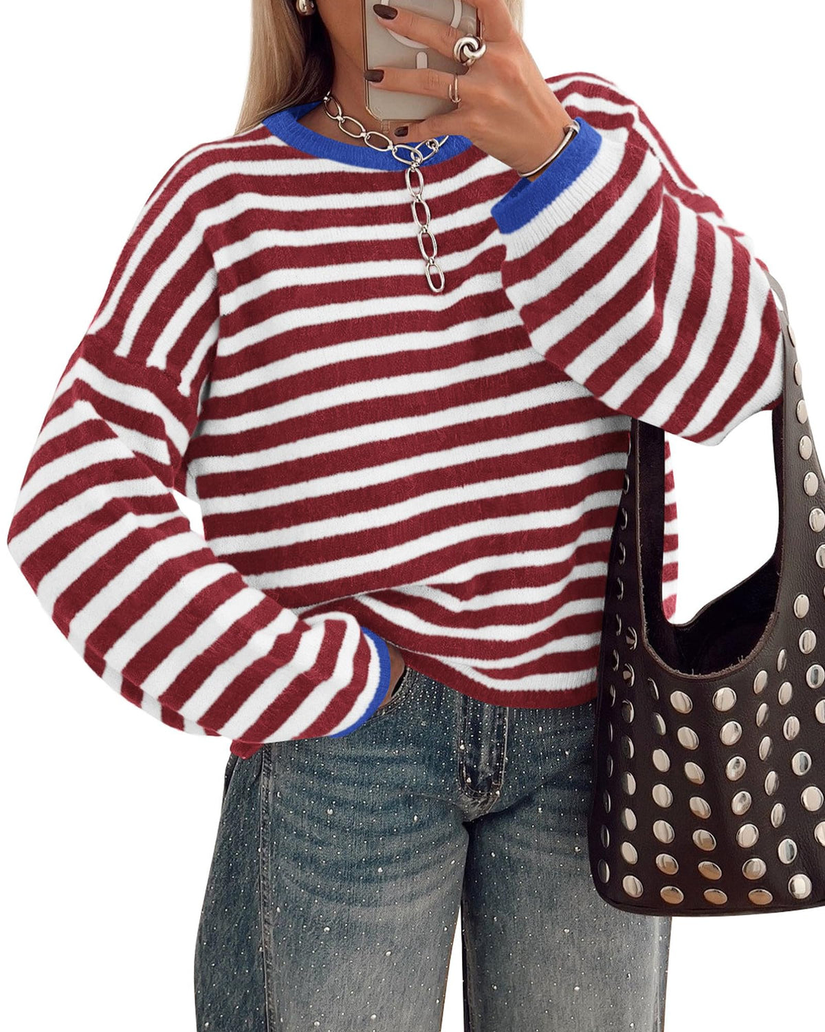 BTFBM Women's Lightweight Oversized Striped Sweater | Soft Knit Cozy Sweaters, Crew Neck Long Sleeve Pullover, y2k Color Block, Casual Holiday Outfits, Winter Fall Clothes