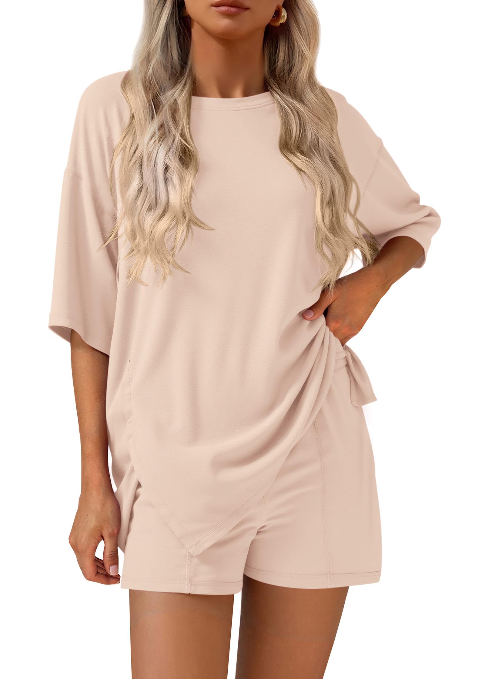 FreshPretty 2 Piece Sets for Women Summer Lounge Sets Casual Oversized Tshirts Shorts Matching Airport Travel Outfits Postpartum