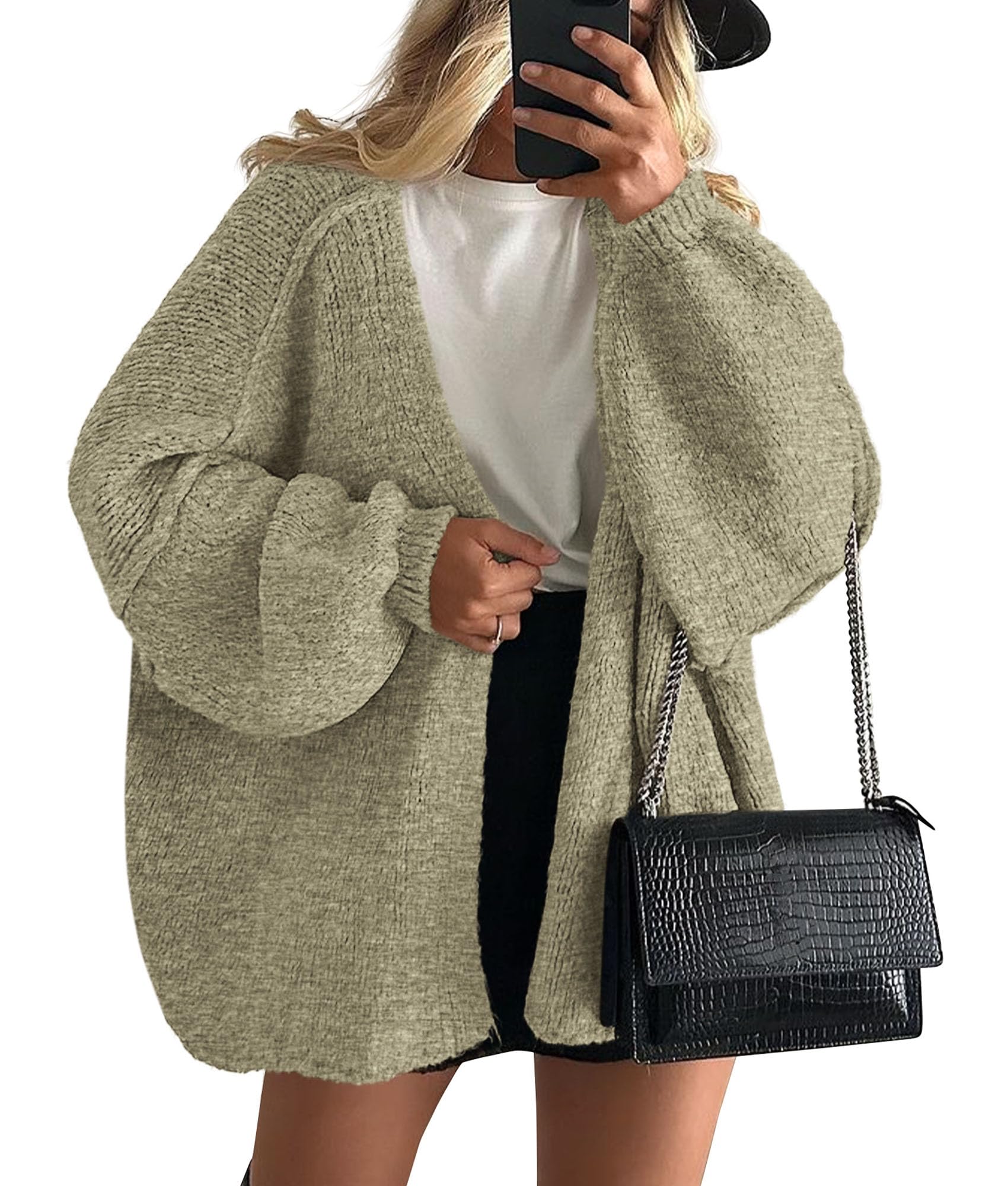 PRETTYGARDEN Womens Oversized Cardigan Sweaters Fall Long Lantern Sleeve Knit Open Front Lightweight Sweater