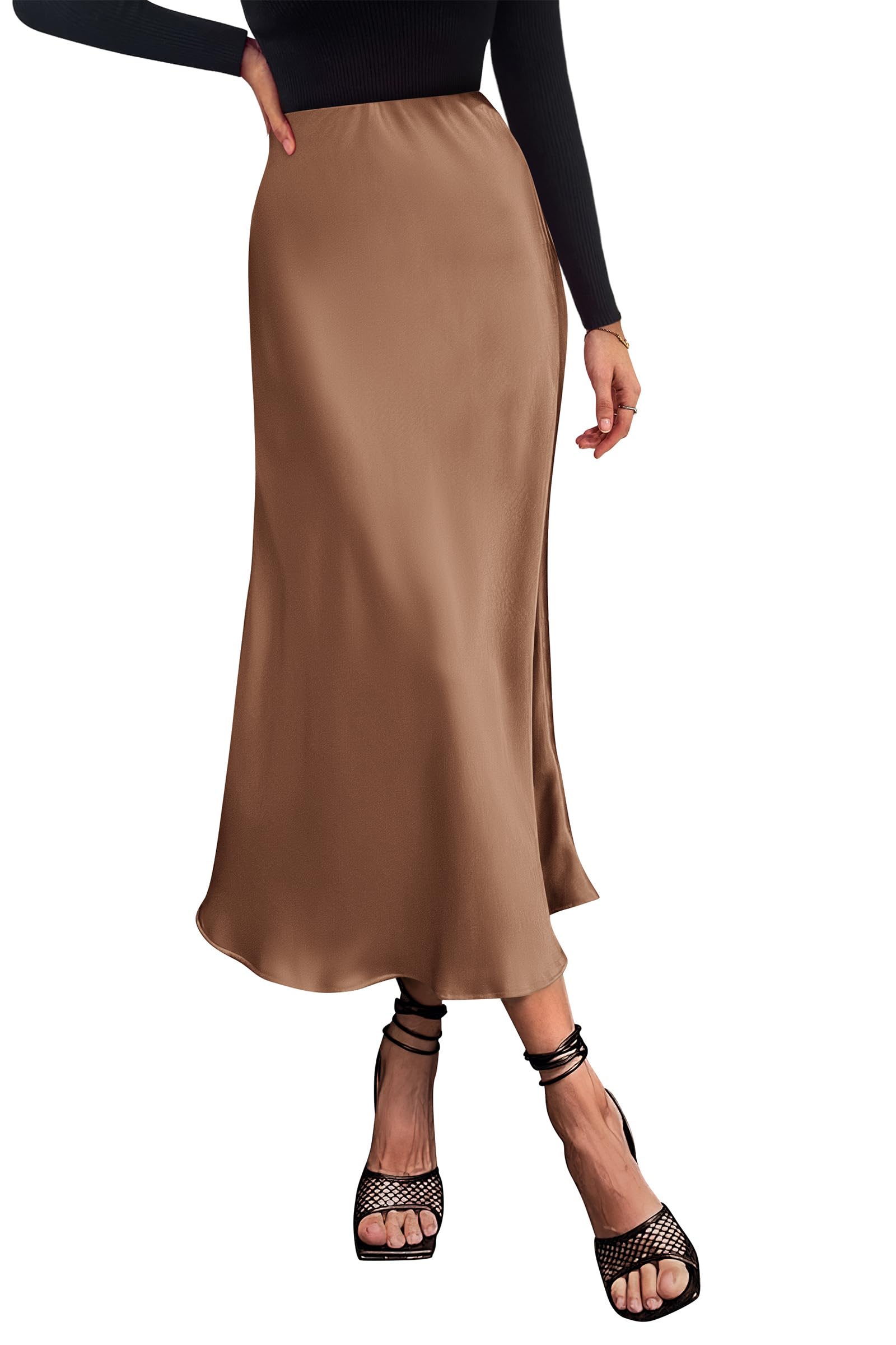 PRETTYGARDEN Women's Satin Skirts Dressy Casual Fall High Waisted Cocktail Wedding Flowy Elegant A Line Midi Skirt