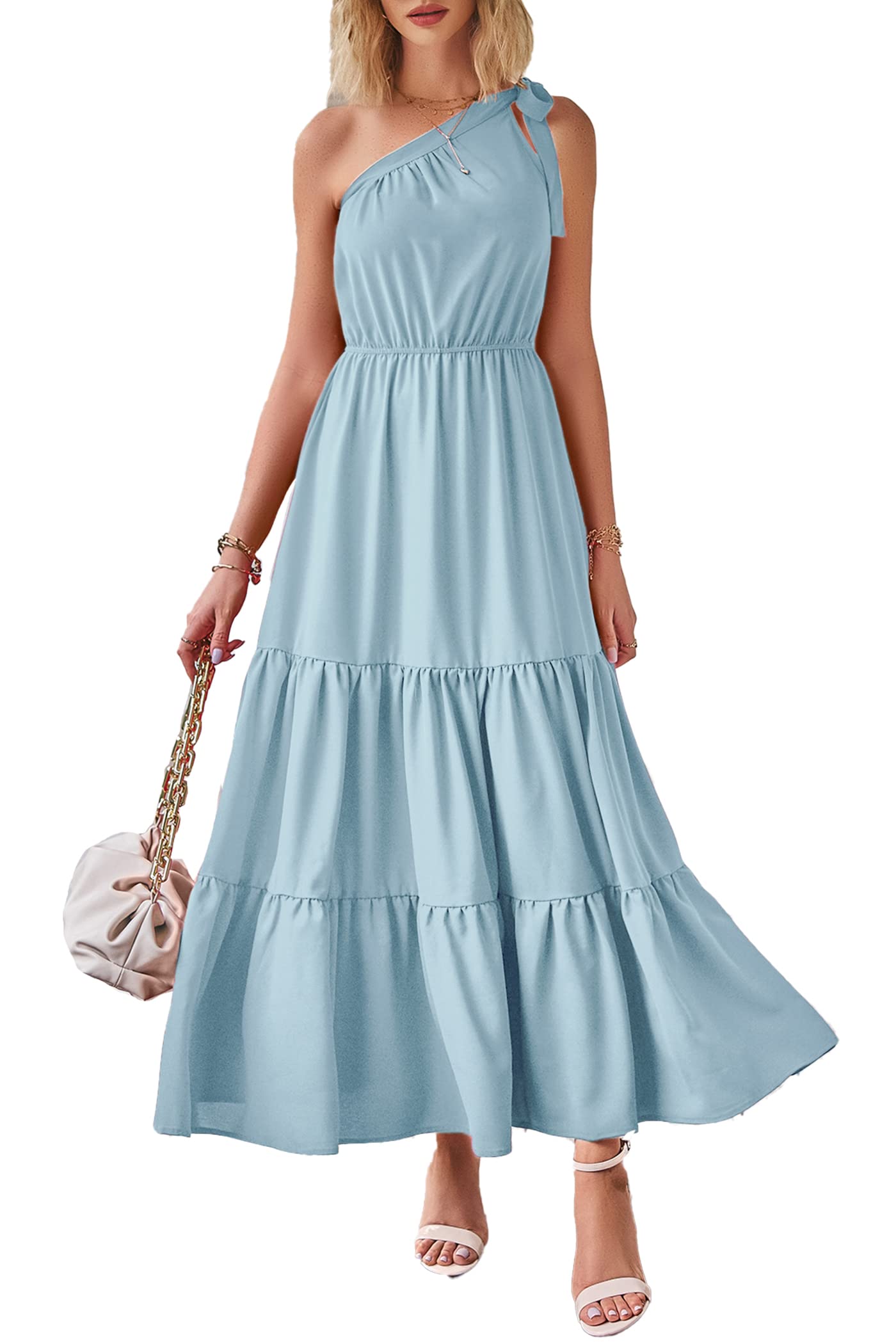 PRETTYGARDEN Women's Summer Floral One Shoulder Maxi Dress Knot Ruffle Boho Beach Vacation Wedding Guest Long Sun Dresses