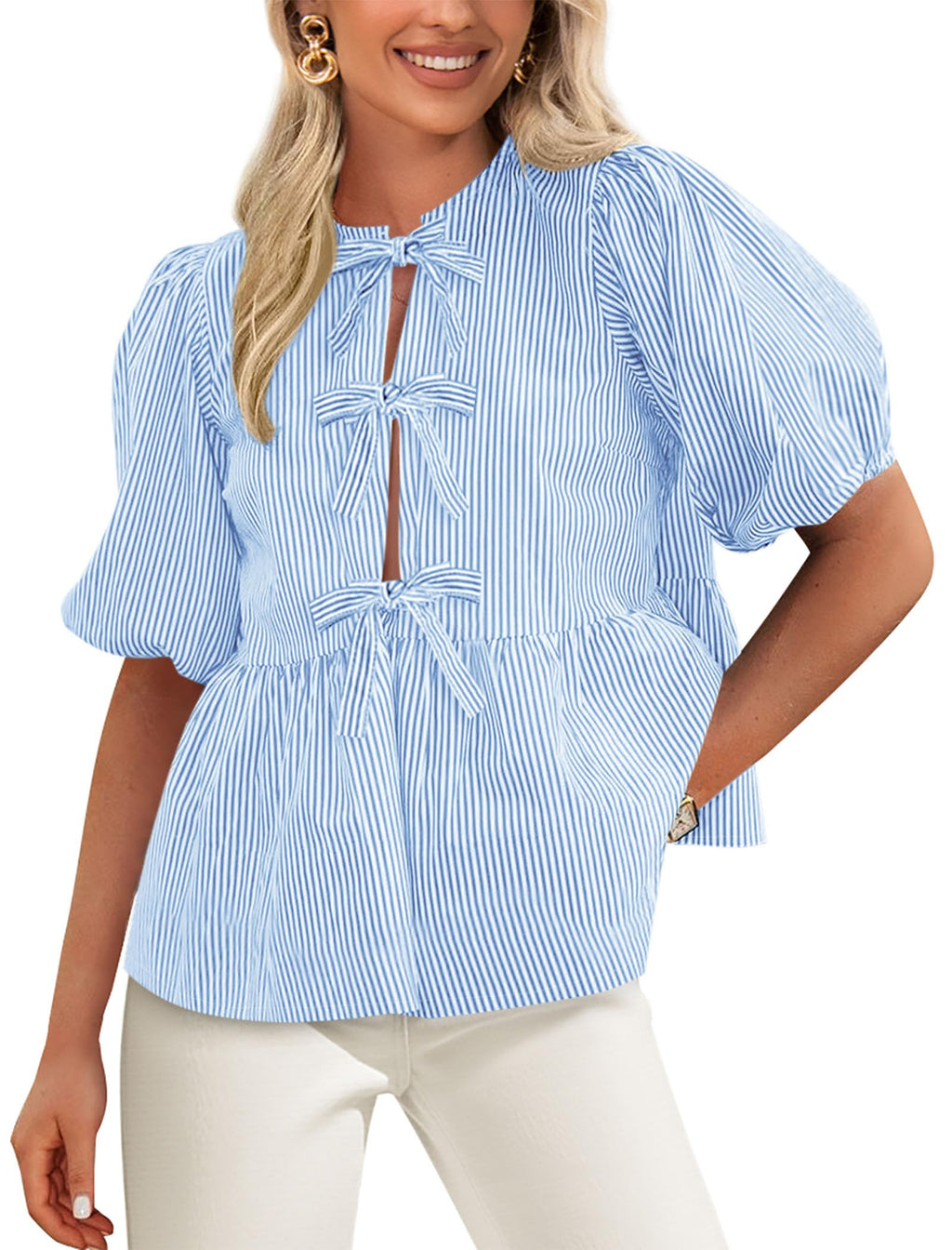 PRETTYGARDEN Women's Tie Front Striped Shirt Summer Trendy Fashion Cute Babydoll Tops Peplum Puffy Sleeve Blouse
