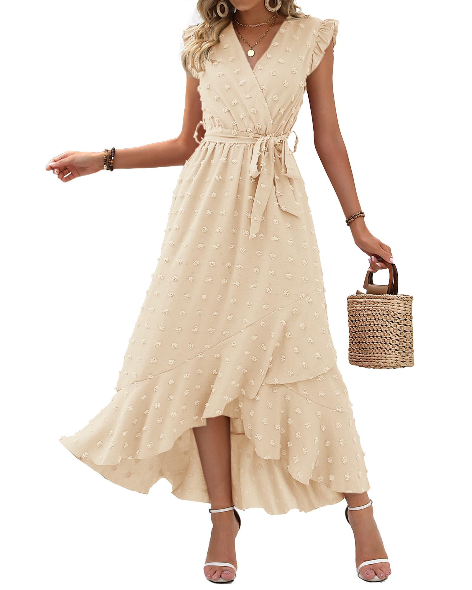 BTFBM Boho Dresses for Women Spring Fashion Cap Sleeve Swiss Dot Flowy Ruffle Beach Wedding Cocktail Maxi Dress