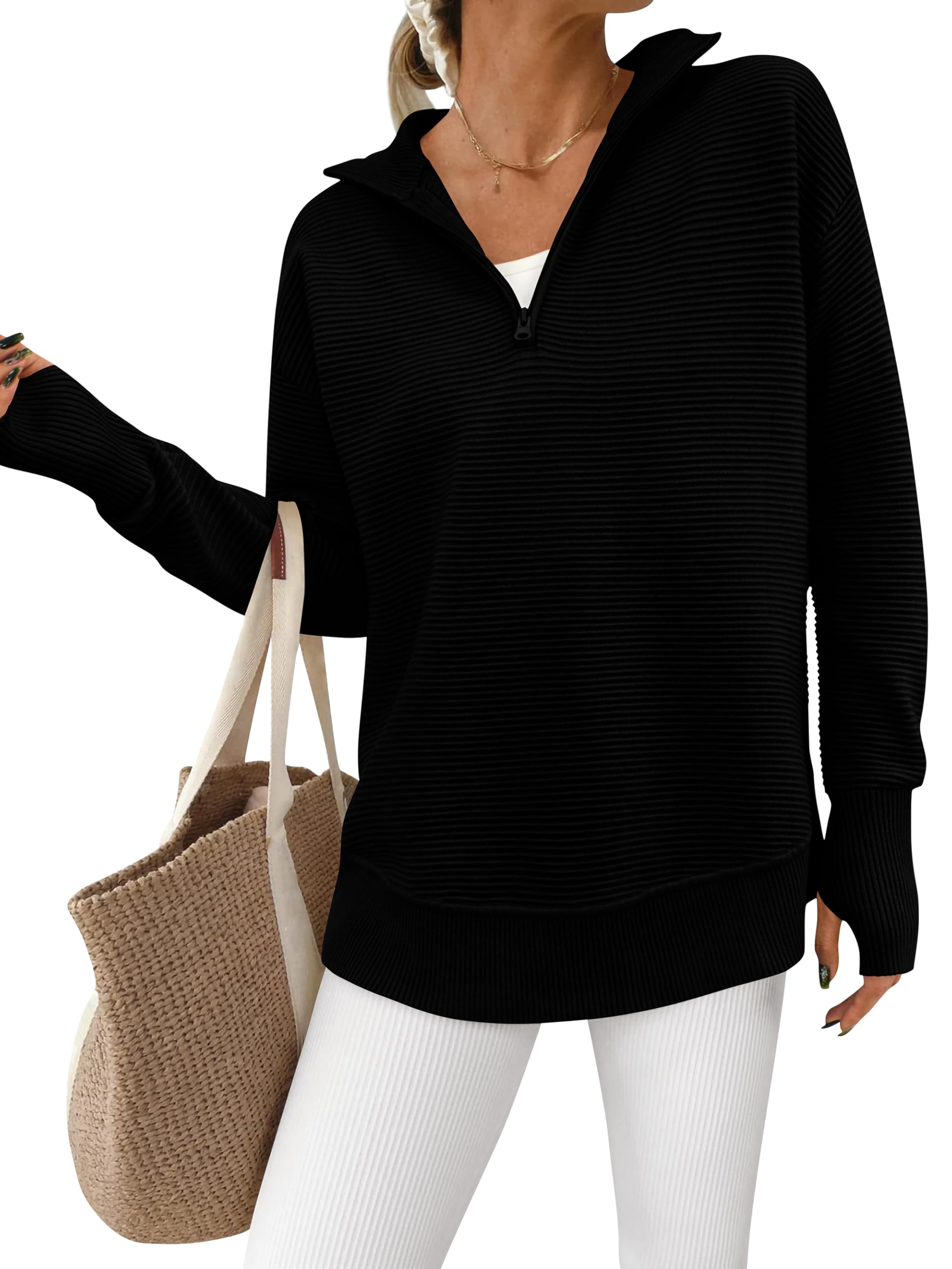 PRETTYGARDEN Womens Long Sleeve Quarter Zip Pullover Sweater Casual Loose V Neck Collared Ribbed Knit Jumper Tops Thumb Hole