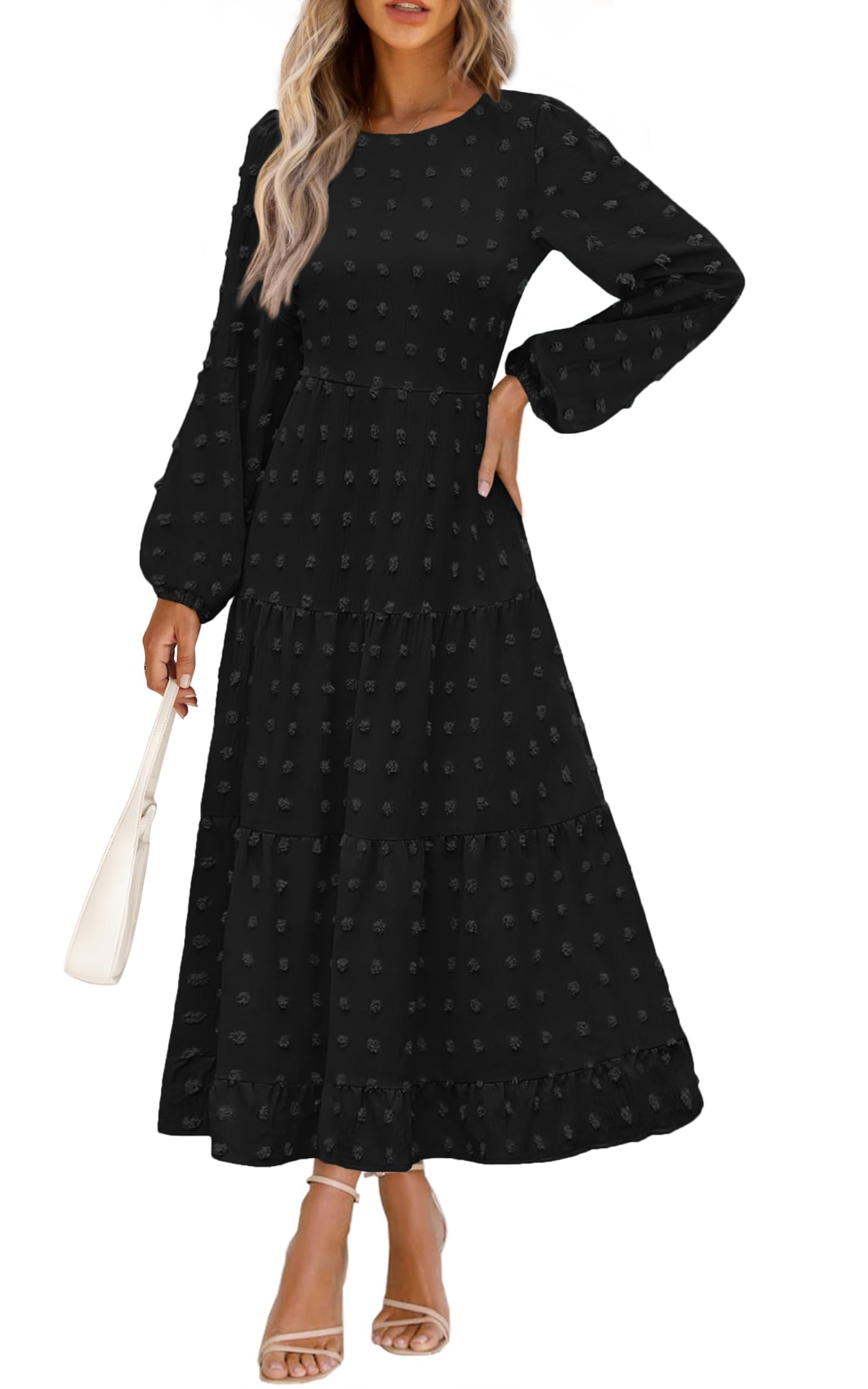 PRETTYGARDEN Women's Fall Spring Elegant Long Sleeve Maxi Dress Swiss Dot A Line Flowy Casual Holiday Party Going Out Dresses