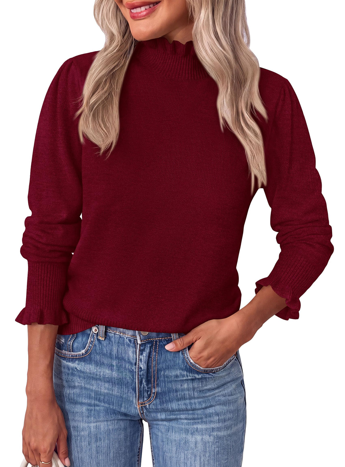 PRETTYGARDEN Women's Fall Cozy Sweaters Trendy Ruffle Mock Neck Pullover Soft Stretchy Warm, Ribbed Knit, Cute Tops, Puff Long Sleeve Blouses, Dressy Casual Shirts,Winter Clothing