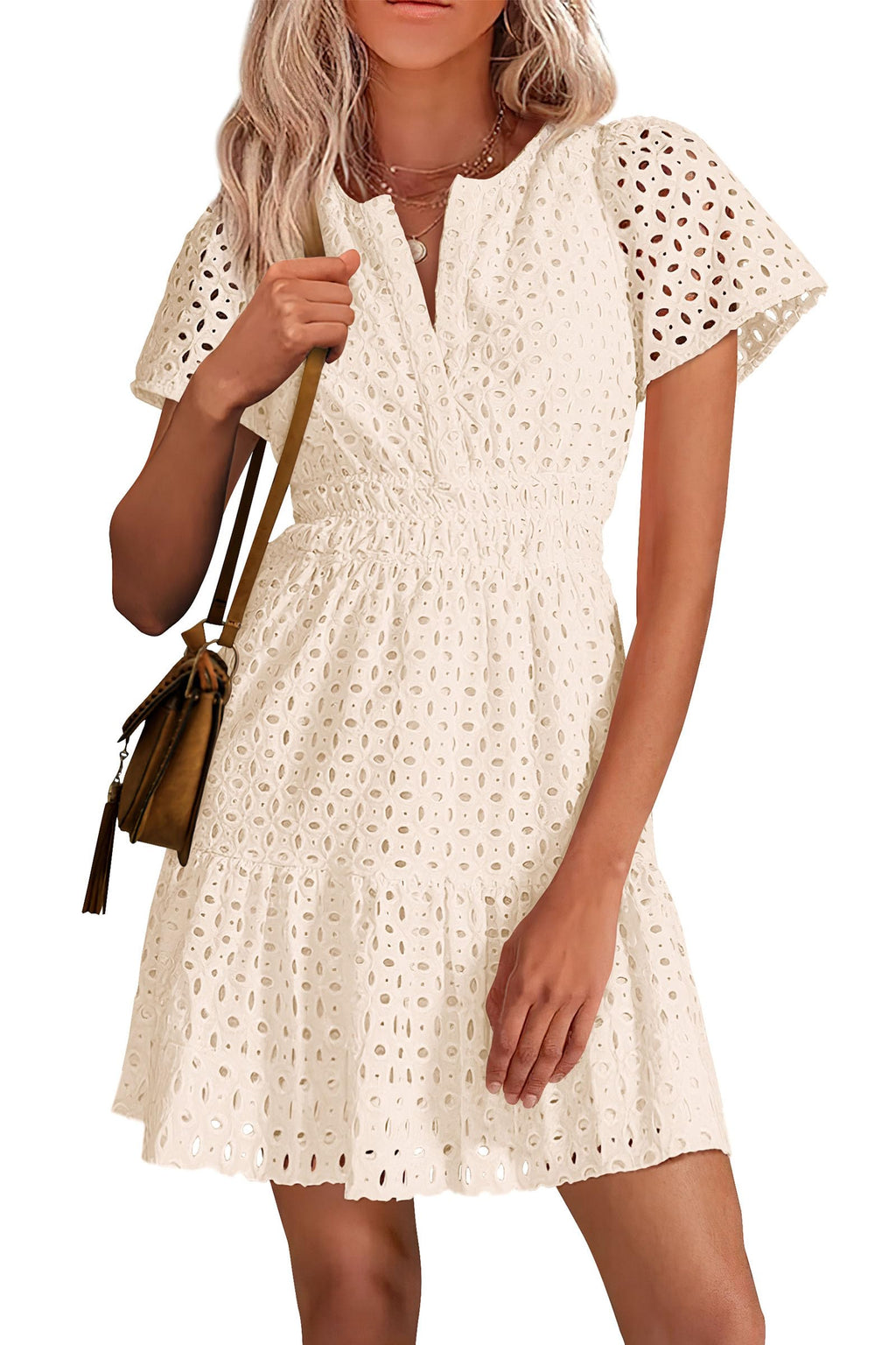 PRETTYGARDEN Womens Summer Short Dress V Neck Short Sleeve A Line Hollow Out Lace Ruffle Cute Casual Beach Party Dresses