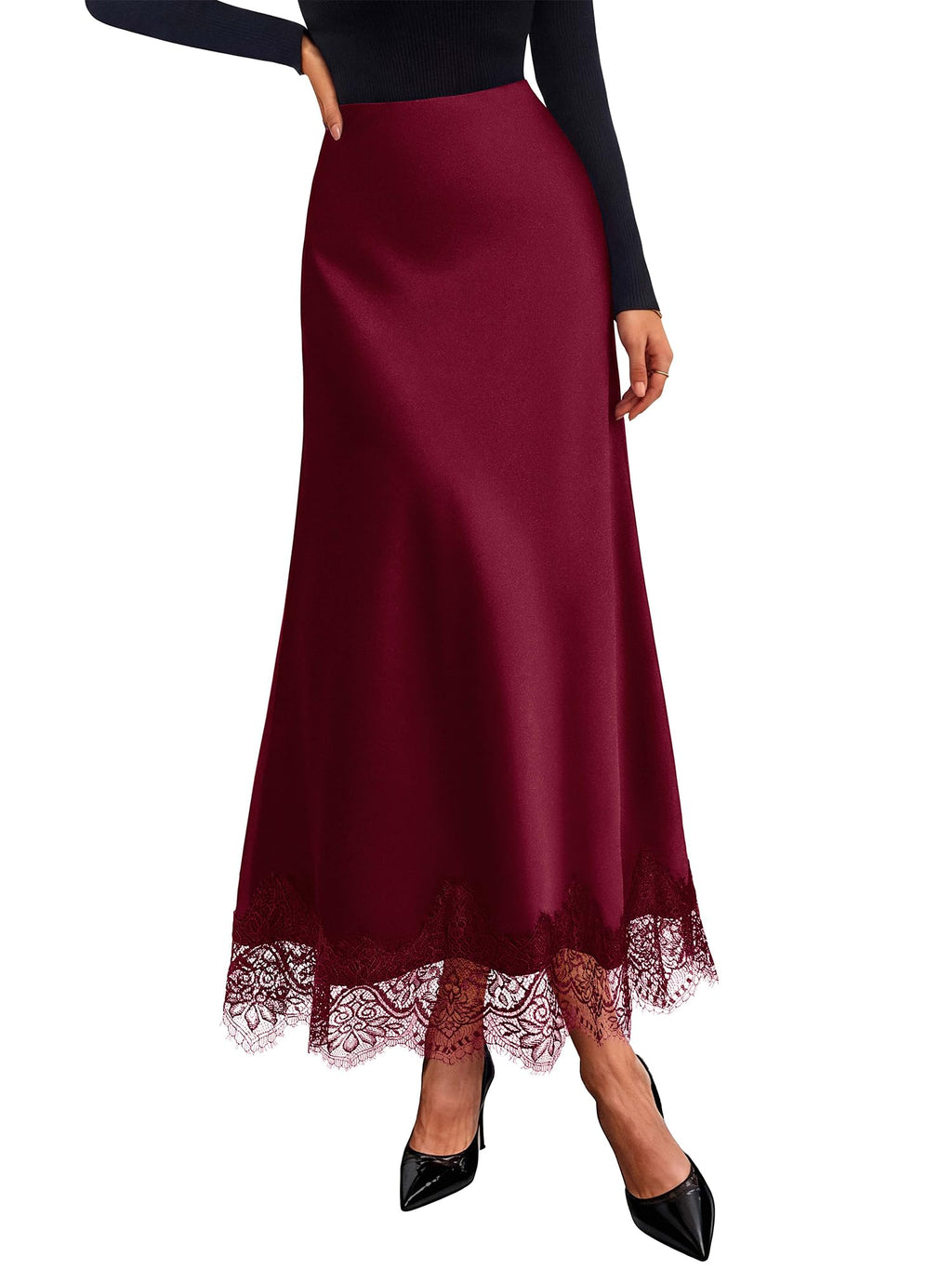 BTFBM Lace Trim Satin Skirts for Women Elegant | Lightweight, High Waist, A-Line, Flowy Maxi Skirt, Wedding, Cocktail, Graduation, Holiday Outfits, Fall Fashion Clothing