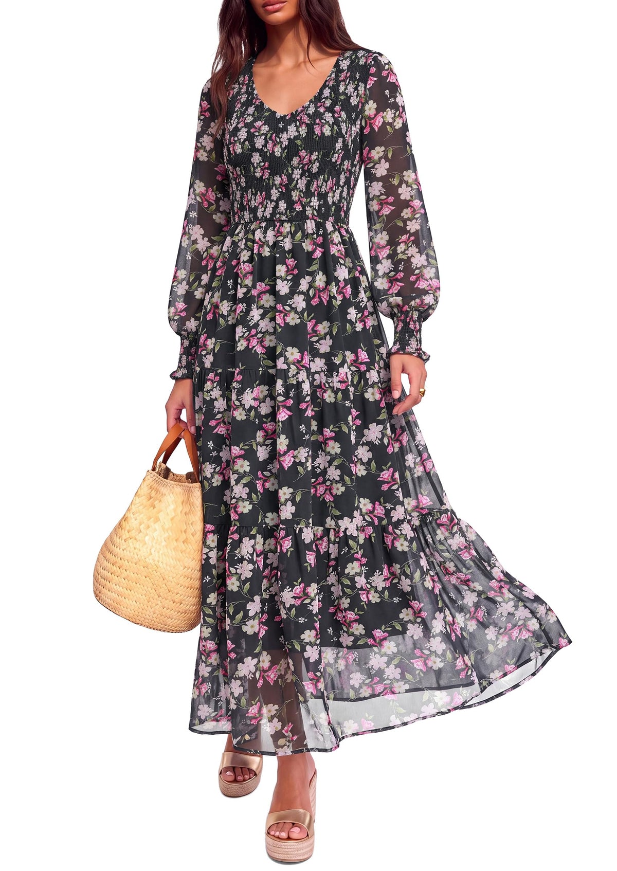 FreshPretty Womens Flroal Long Sleeve Dress Boho A Line Fall Maxi Dresses,Sheer Lantern Sleeve, Lined & Pockets, Smocked Front Back, High Waisted Flowy Long Dress, Tiered Fall Wedding Guest Dresses
