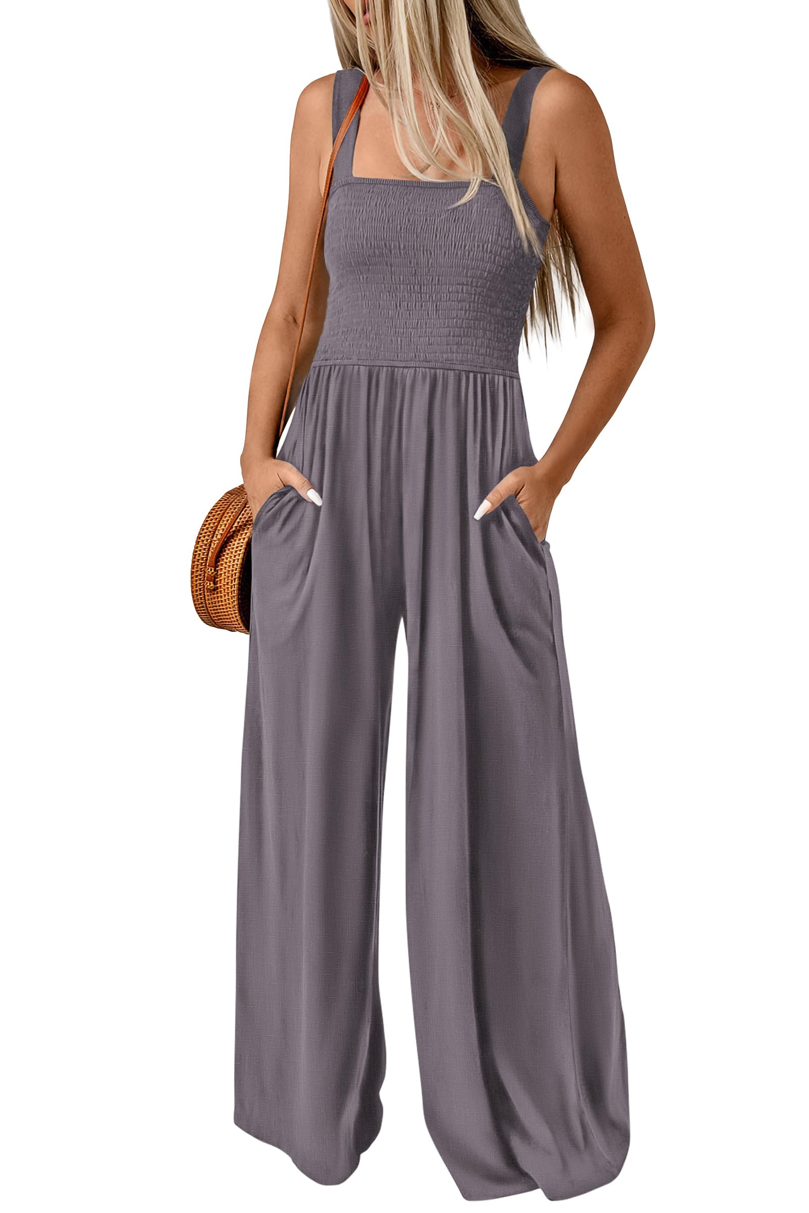FreshPretty Womens Jumpsuit Summer Casual Loose One Piece Overalls Smocked Sleeveless Wide Leg Rompers With Pockets
