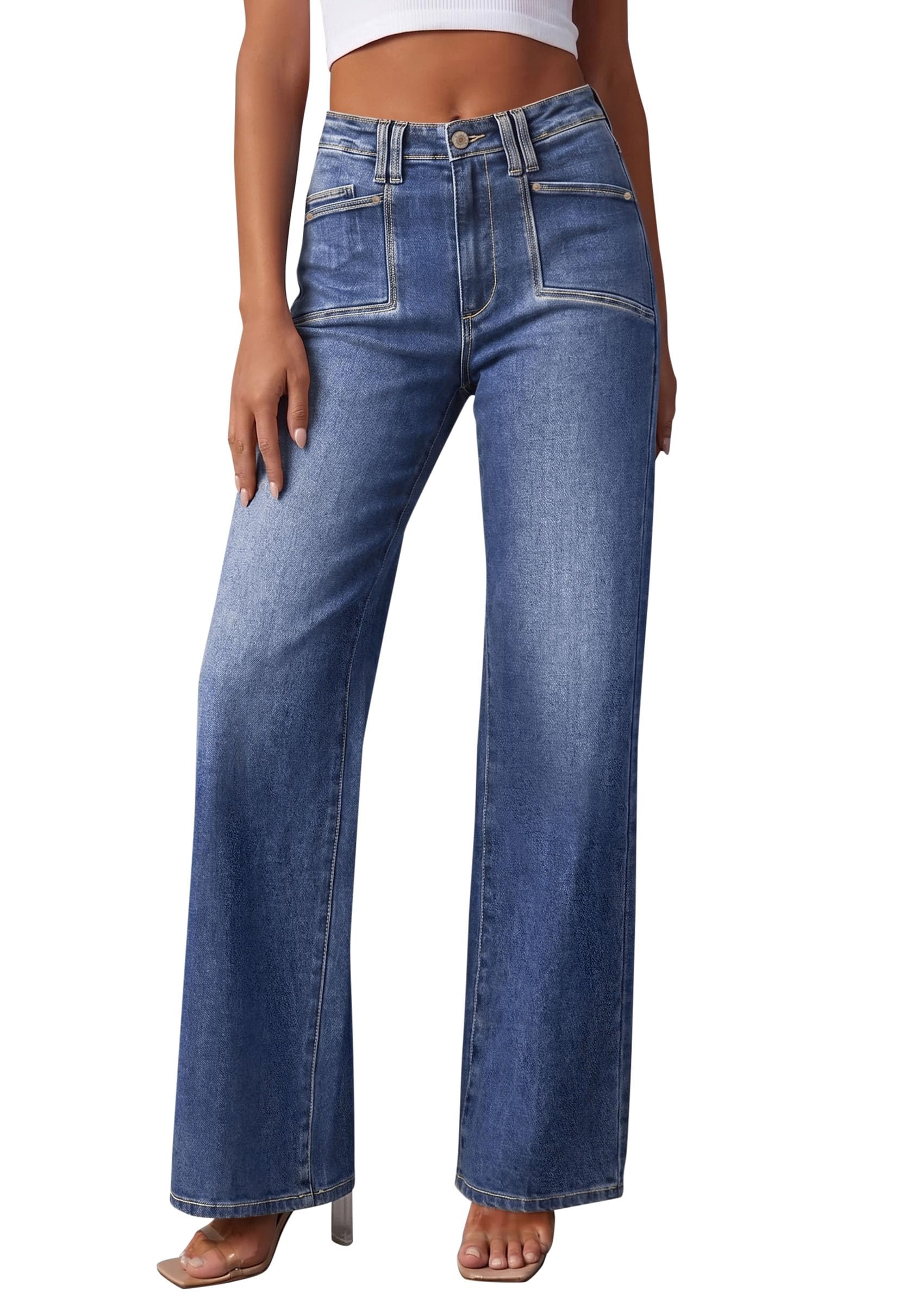 PRETTYGARDEN High Waisted Wide Leg Jeans for Women 2026 Trendy | Classic Straight Baggy Fit, Stretchy Denim Pants with Pockets, Casual Daily Work Going Out, All Season Wear