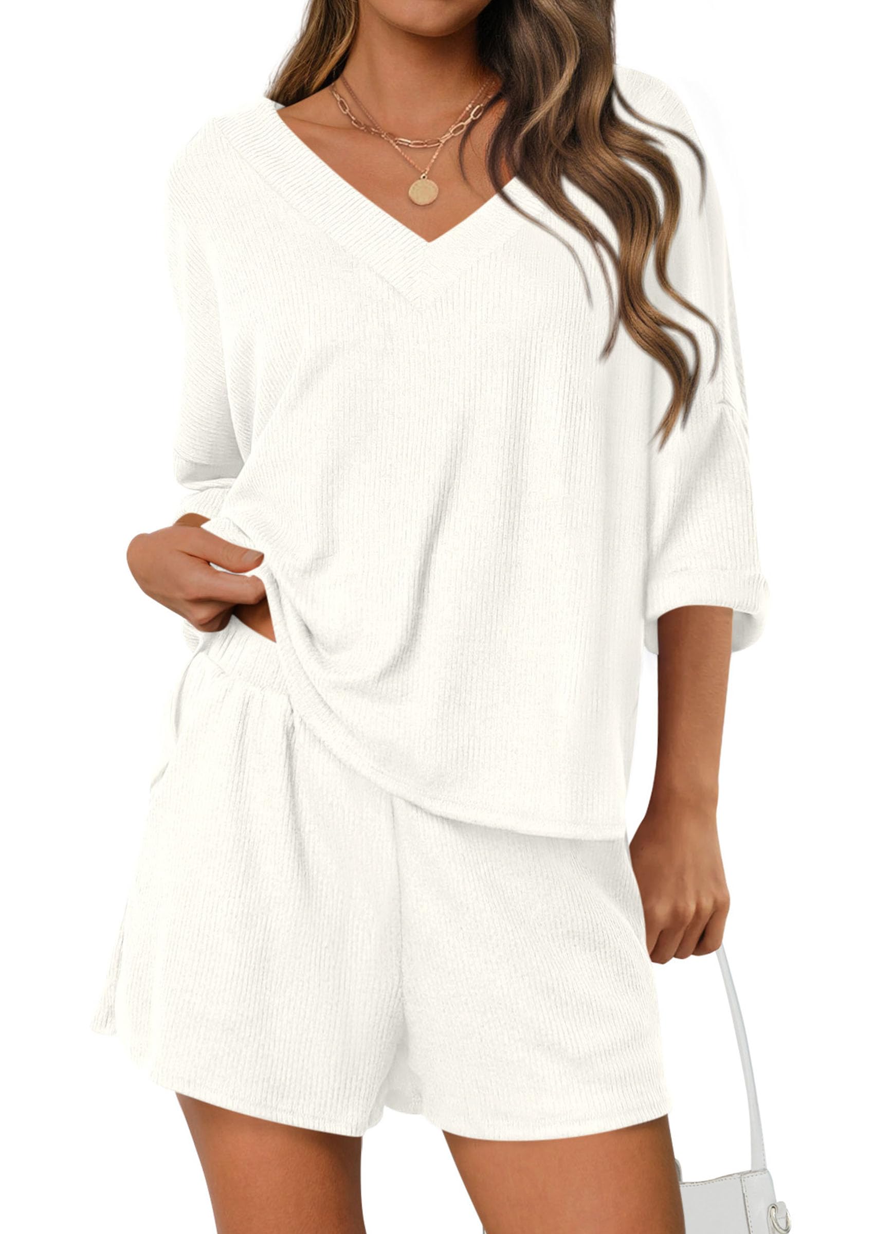 PRETTYGARDEN Womens 2 Piece Sets Summer Oversized Vneck Half Sleeve Tops Shorts Lounge Set Casual Travel Airport Outfits