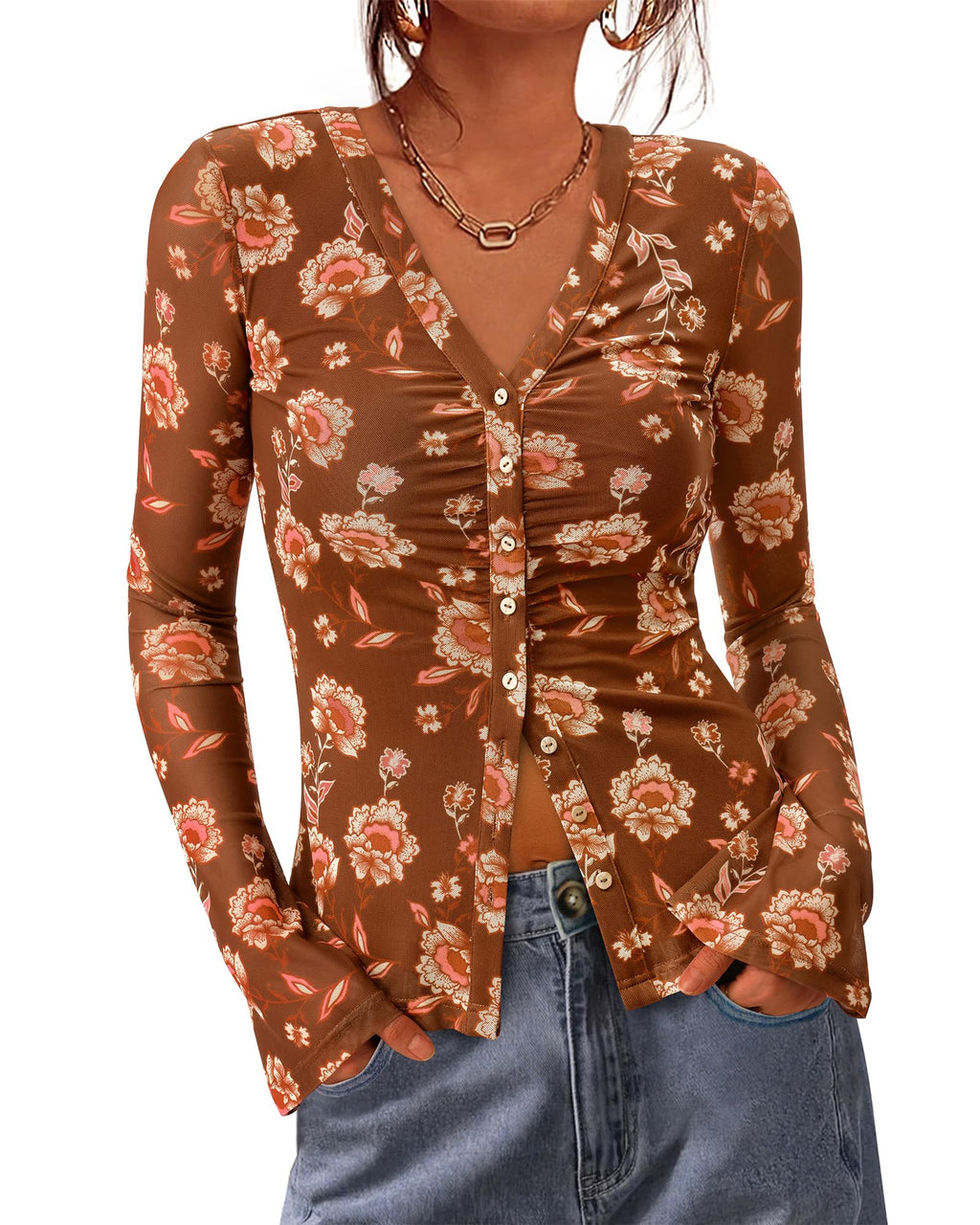 FreshPretty Button Down Shirts for Women Fall Fashion V Neck Long Sleeve Blouse Ruched Mesh Fitted Floral Print Boho Tops