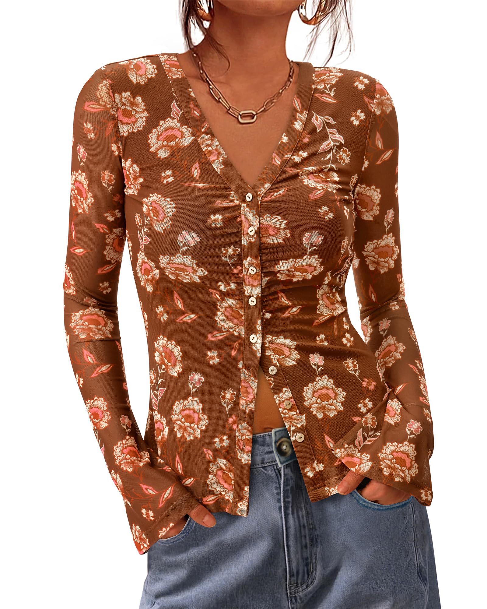 FreshPretty Button Down Shirts for Women Fall Fashion V Neck Long Sleeve Blouse Ruched Mesh Fitted Floral Print Boho Tops
