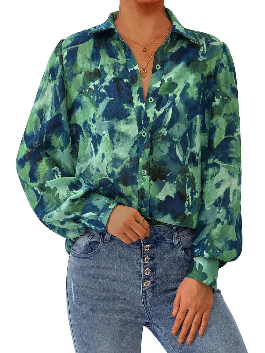 PRETTYGARDEN Women's Floral Blouses Dressy Casual V Neck Button Down Shirts Lantern Long Sleeve Boho Chiffon Spring Tops