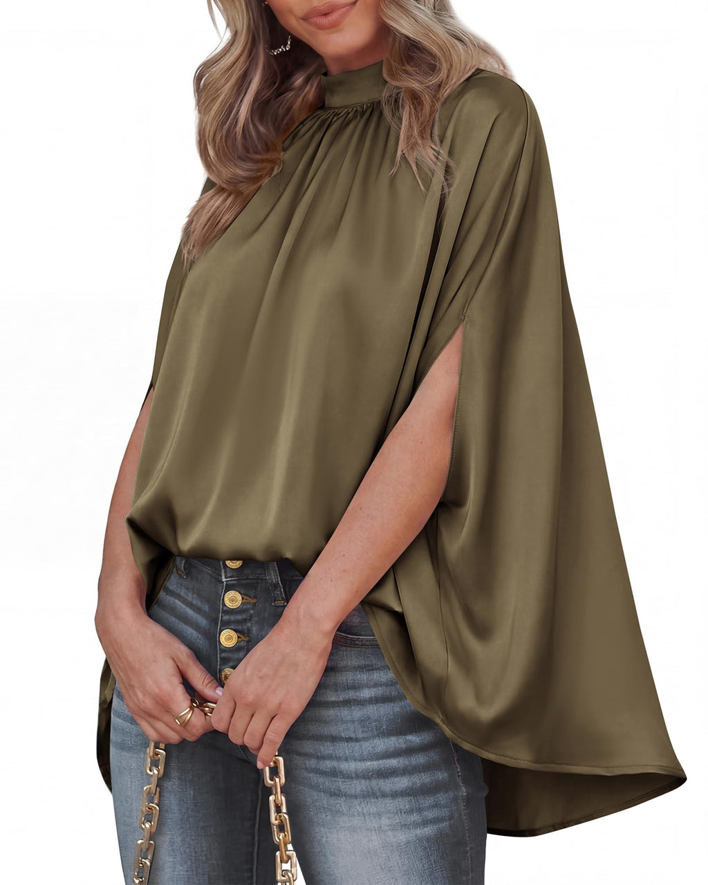 BTFBM Womens Summer Tops Mock Neck Batwing Sleeve Silk Satin Shirts Loose Oversized Dressy Casual Spring Blouses
