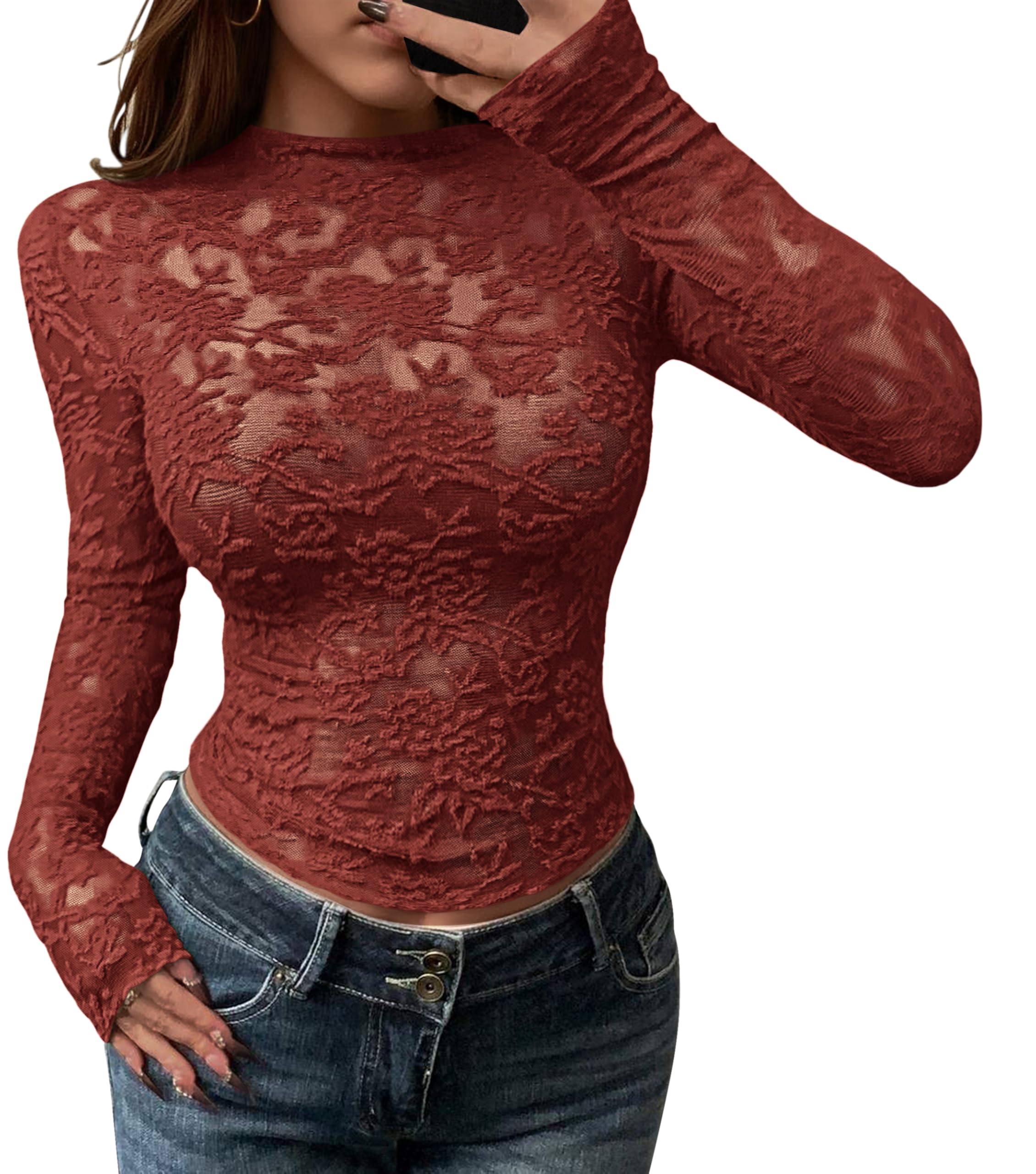 BTFBM Mesh Long Sleeve Tops for Women Lace Sheer Tight See Through Crew Neck Spring Fall Party Club Outfits