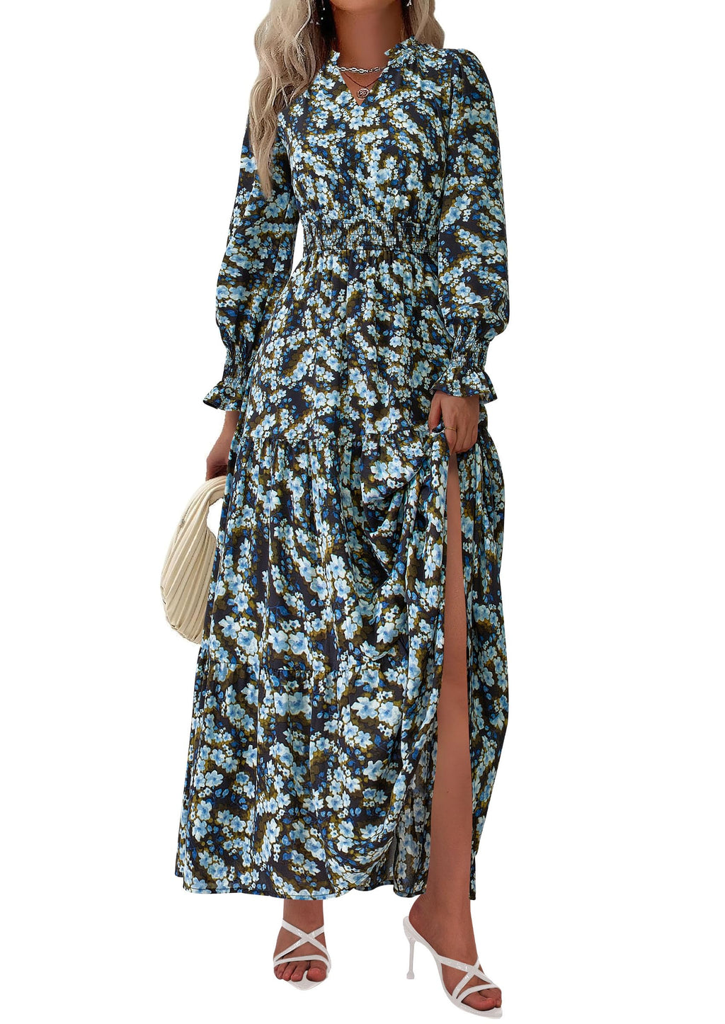 PRETTYGARDEN Women's Floral Maxi Dress Fall Long Sleeve V Neck Casual A Line Long Flowy Boho Party Dresses