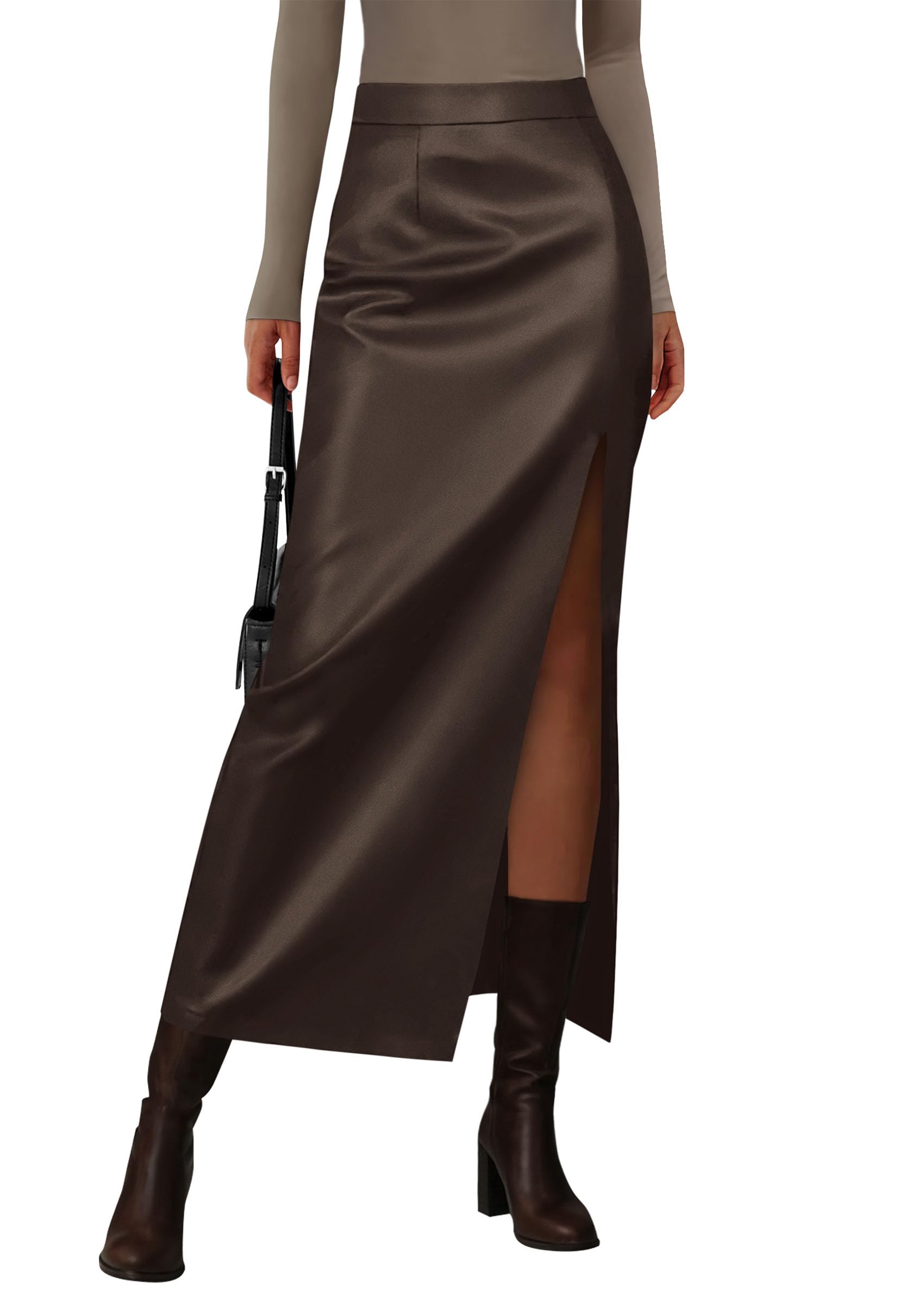 PRETTYGARDEN Womens Faux Leather Skirts Fall Fashion Bodycon High Waisted Slit Work Office Winter Maxi Long Pencil Skirt