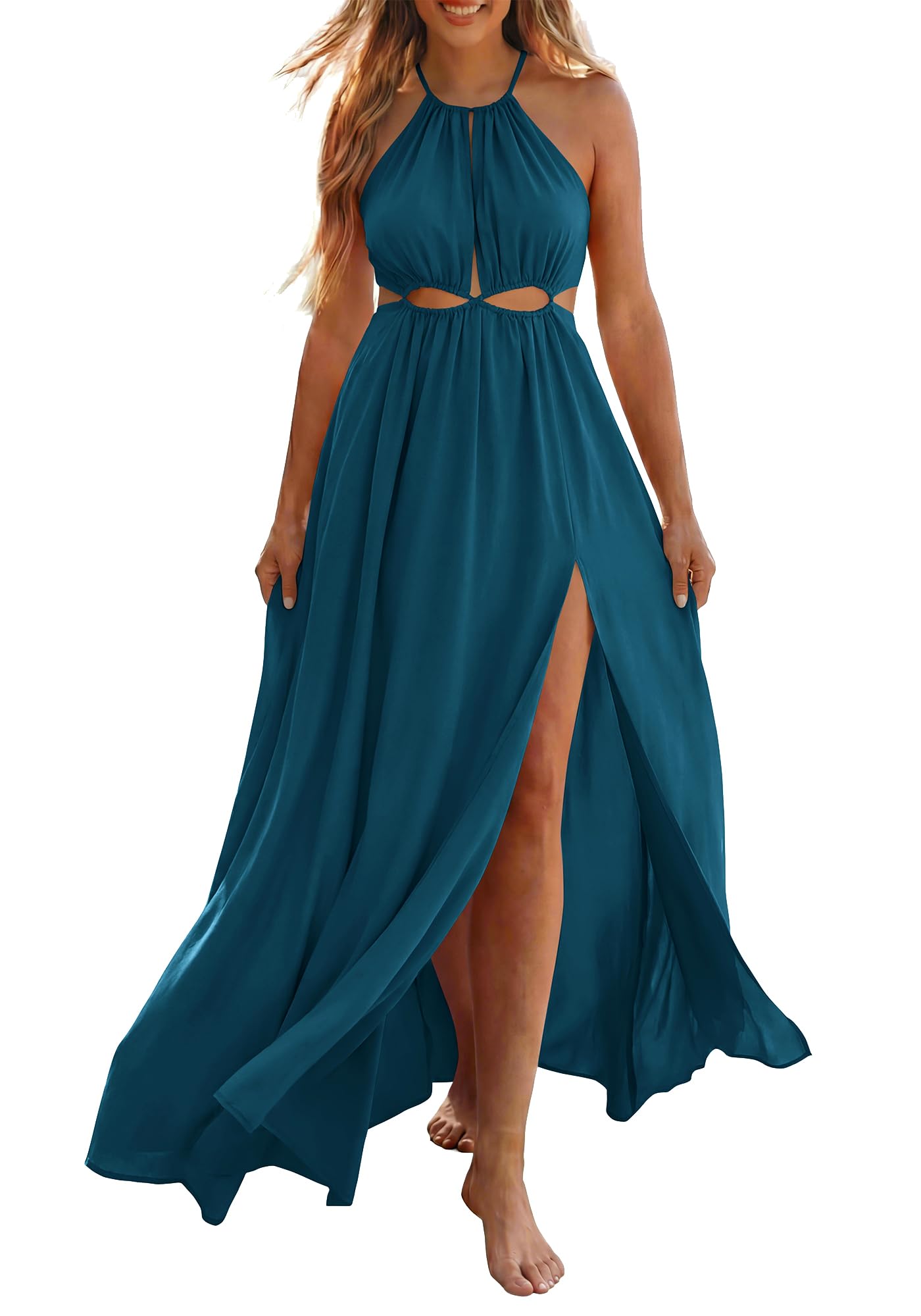 BTFBM Women Halter Summer Dresses Sleeveless Cutout Backless Sundress Slit Boho Maxi Beach Wedding Guest Dress
