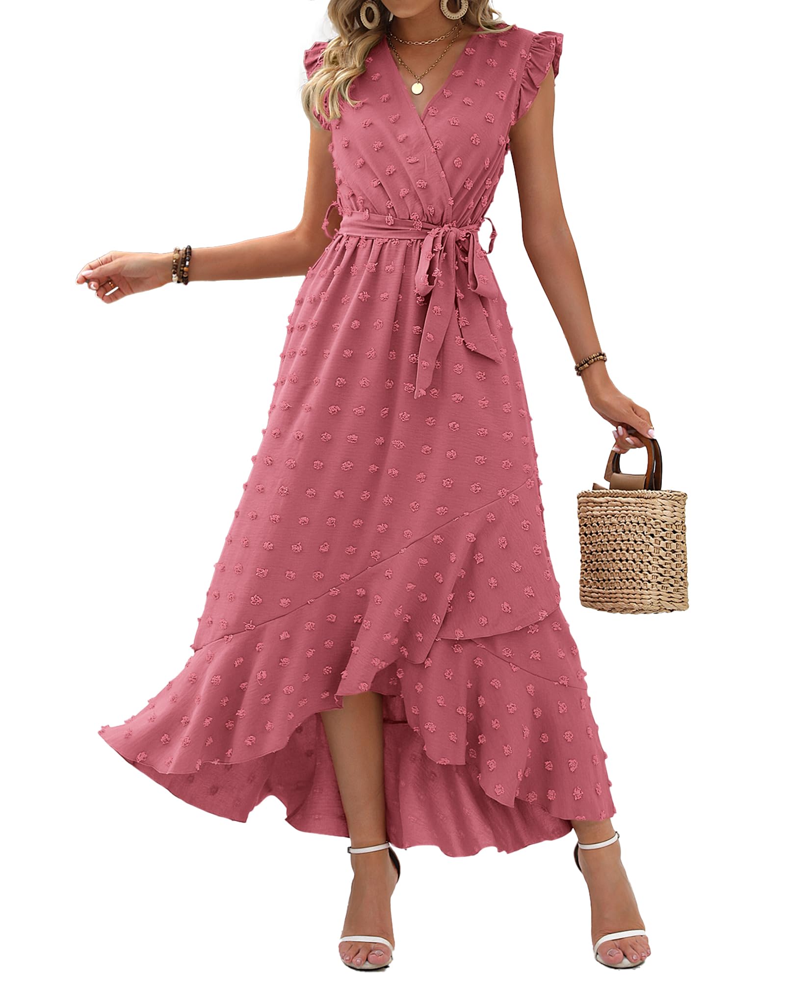 BTFBM Boho Dresses for Women Spring Fashion Cap Sleeve Swiss Dot Flowy Ruffle Beach Wedding Cocktail Maxi Dress
