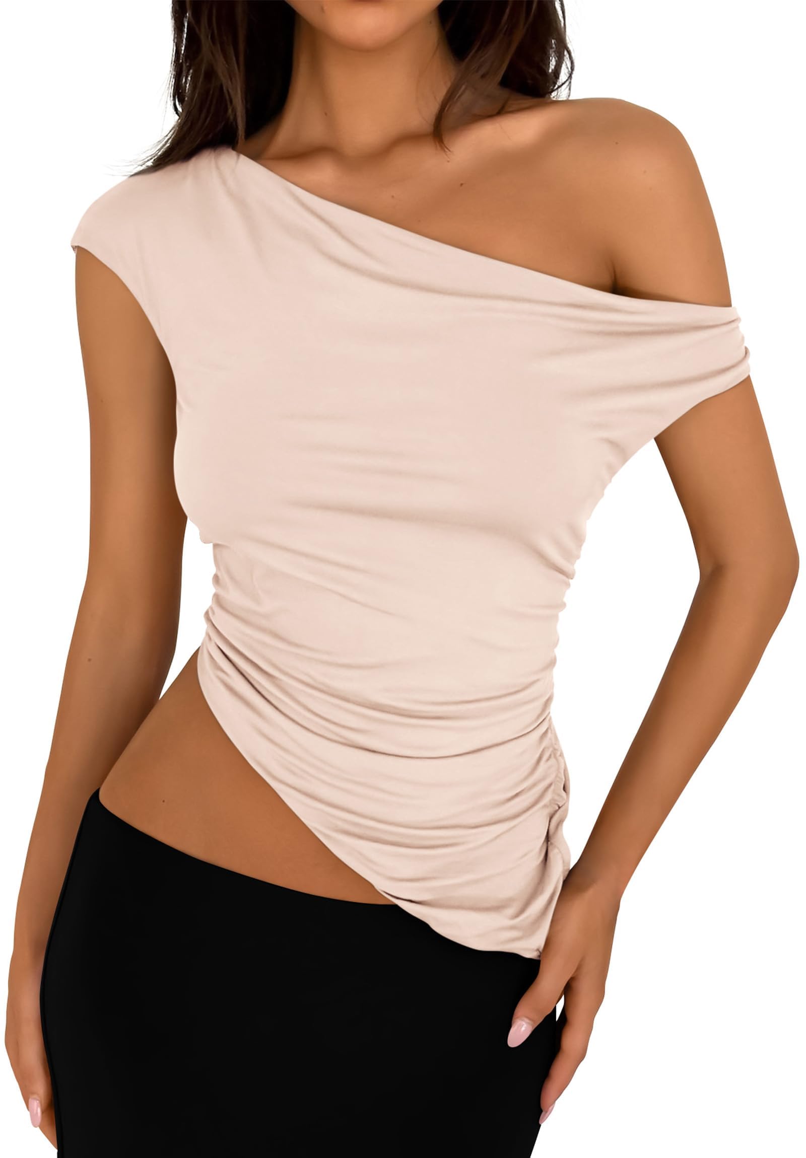 PRETTYGARDEN Womens Summer Off The Shoulder Crop Tops Sleeveless One Shoulder Ruched Asymmetrical Y2K Going Out Tank Top