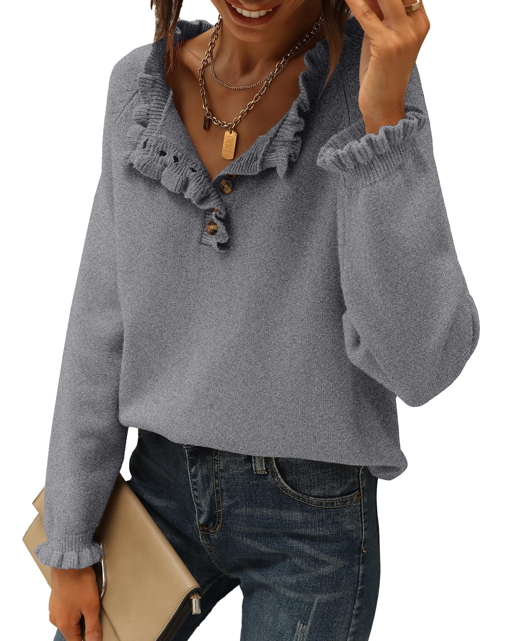 FreshPretty Womens Sweaters Fall Winter Clothes Long Sleeve Button Down Ruffle Crew Neck Casual Knitted Pullover Tops