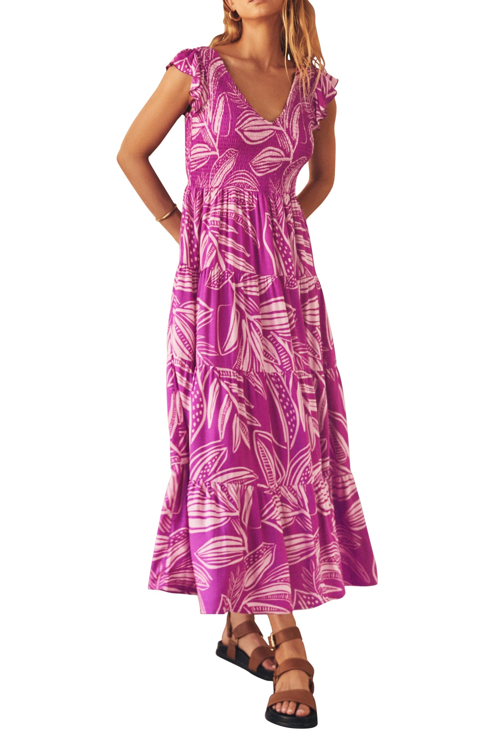 Visit the PRETTYGARDEN Store PRETTYGARDEN Women's Summer Floral Midi Dress Cap Sleeve V Neck Ruffle Long Flowy Boho Casual Beach Vacation Dresses