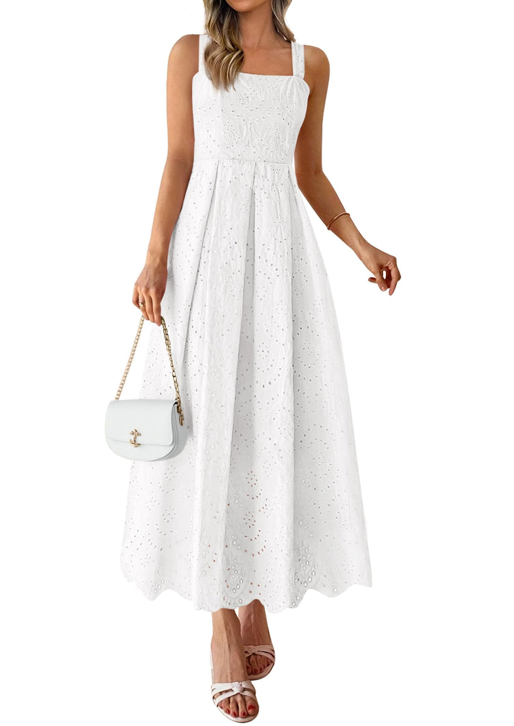 PRETTYGARDEN Womens Sleeveless Maxi Summer Dresses Hollow Out Eyelet Square Neck Ruffle Flowy Beach Vacation Sundress