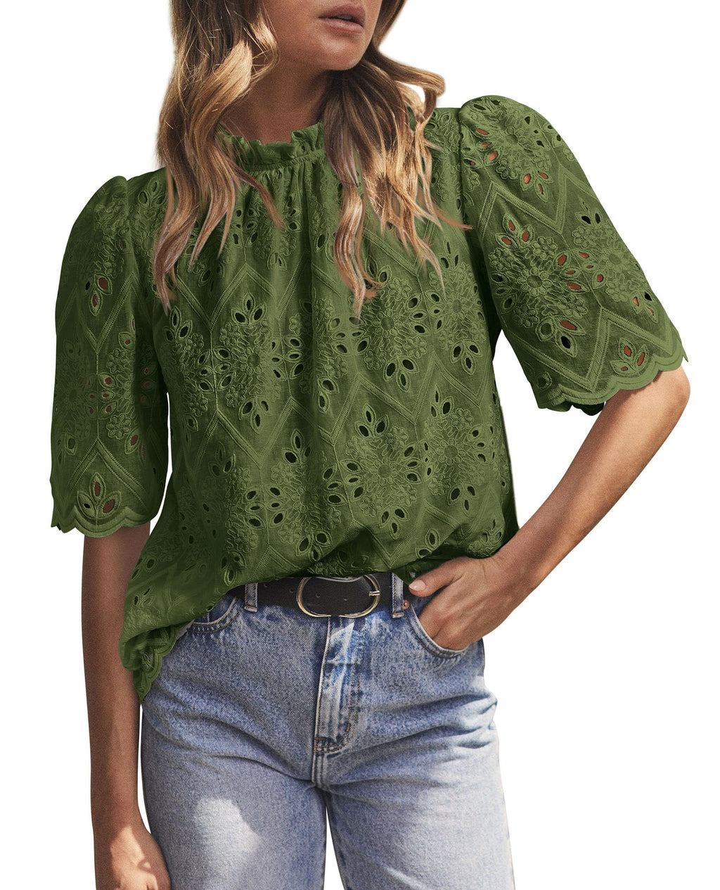 PRETTYGARDEN Womens Summer Tops Trendy Short Sleeve Eyelet Embroidered Dressy Casual Blouse Shirts