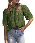 PRETTYGARDEN Womens Summer Tops Trendy Short Sleeve Eyelet Embroidered Dressy Casual Blouse Shirts