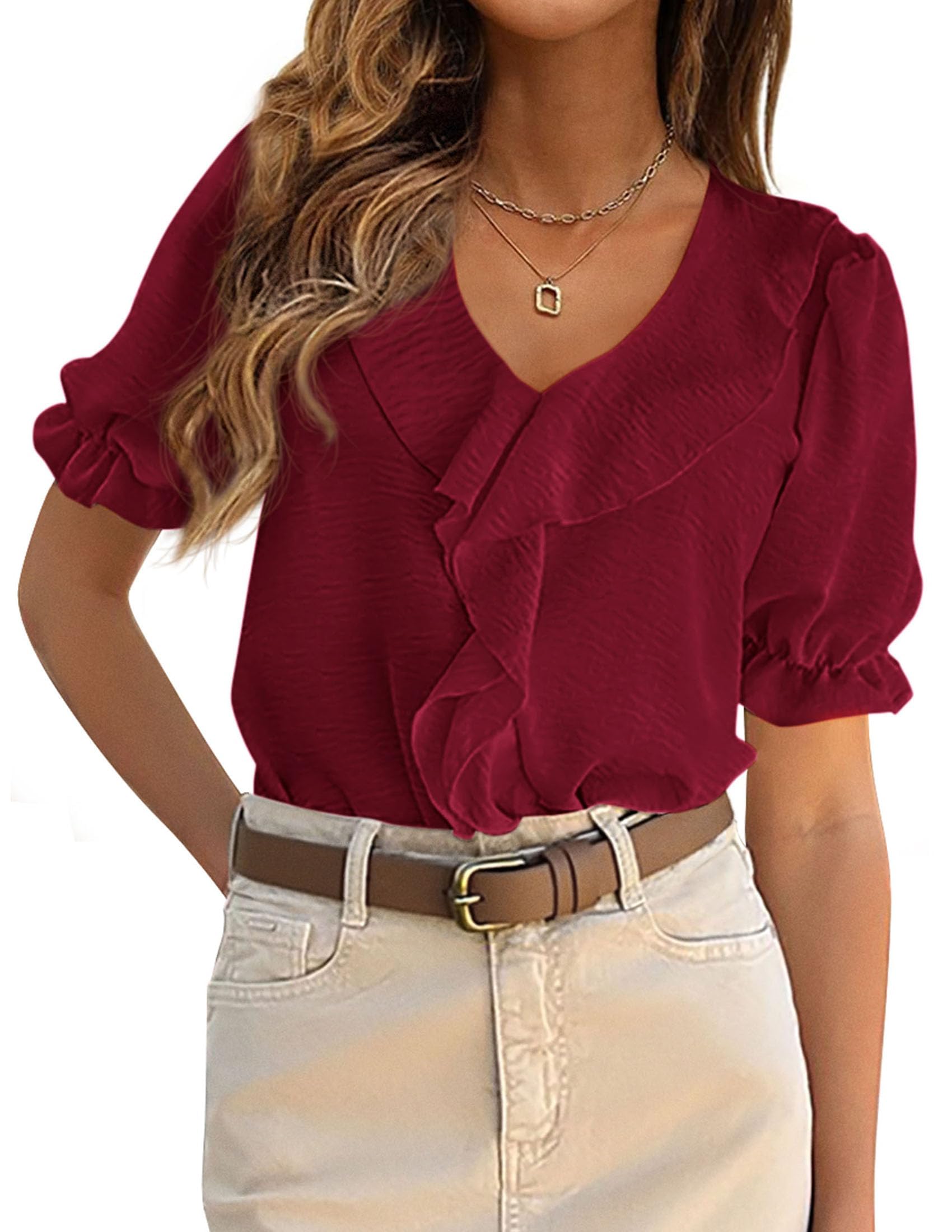 PRETTYGARDEN Women's Summer Dressy Casual Blouses Short Sleeve V Neck Ruffle Business Work Tops Trendy Spring Outfits