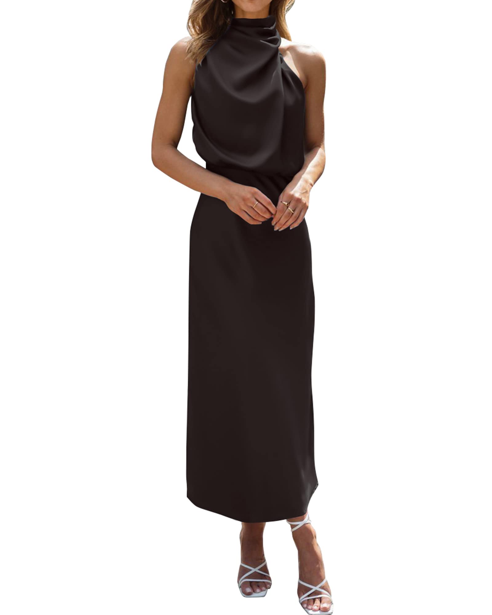 BTFBM Cocktail Dresses for Women Summer Satin Silk Sleeveless Mock Neck Maxi Wedding Guest Dress Spring Outfits