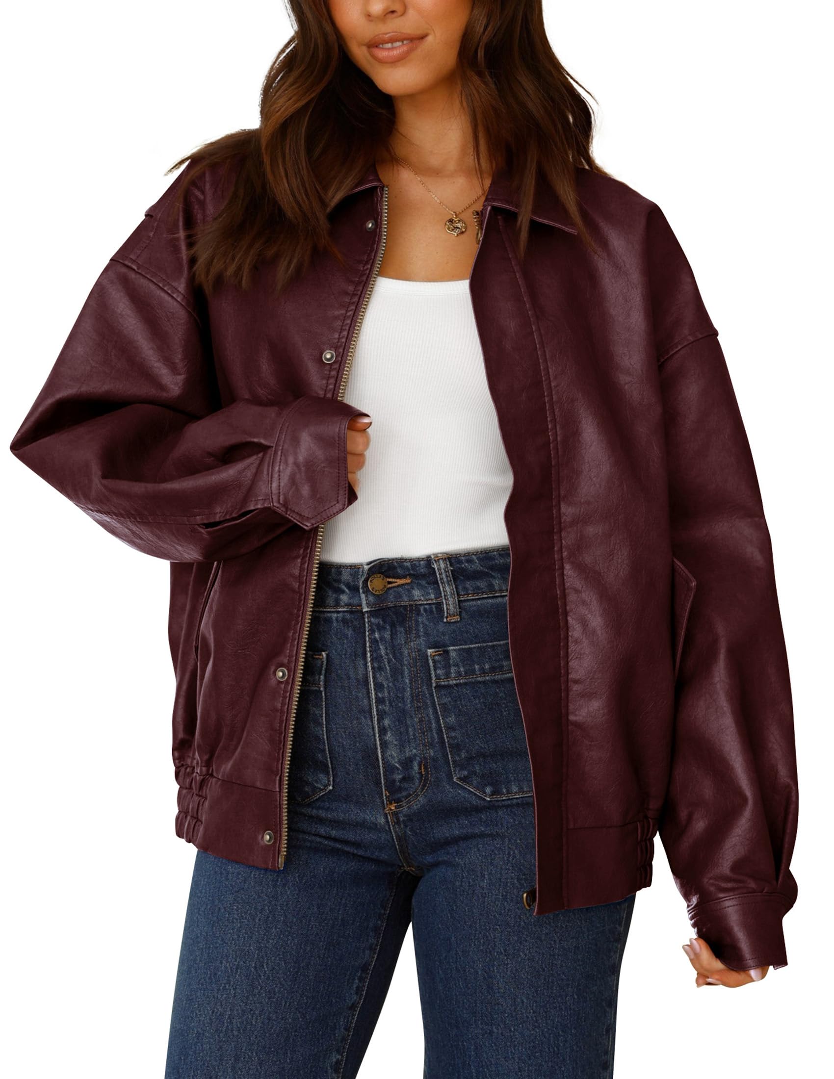 PRETTYGARDEN Women's Faux Leather Motorcycle Jacket Trendy Fall Spring Clothes Oversized Zip Up Winter Coat Outerwear