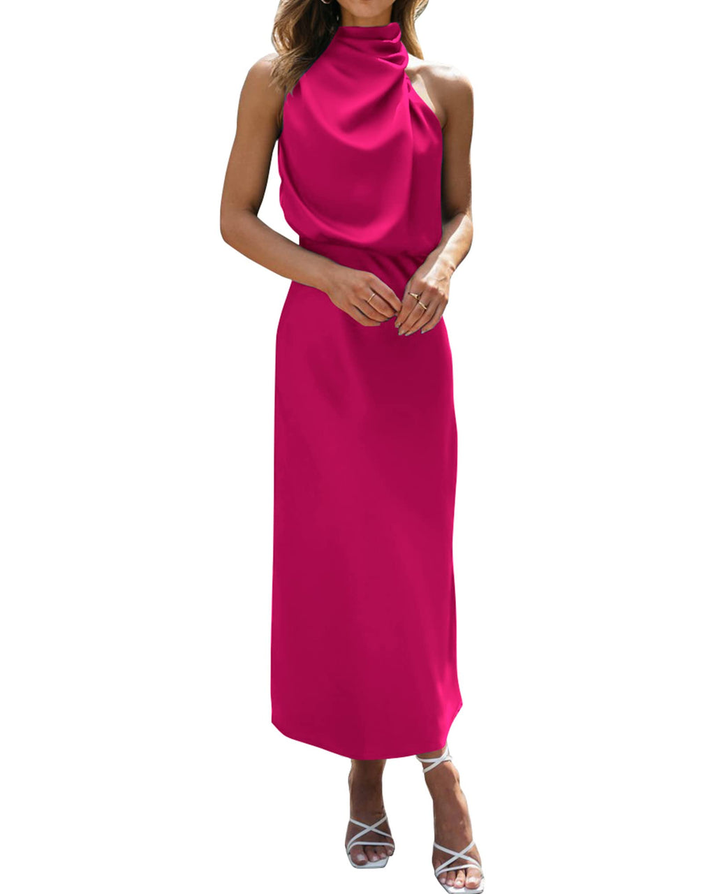 BTFBM Cocktail Dresses for Women Summer Satin Silk Sleeveless Mock Neck Maxi Wedding Guest Dress Spring Outfits