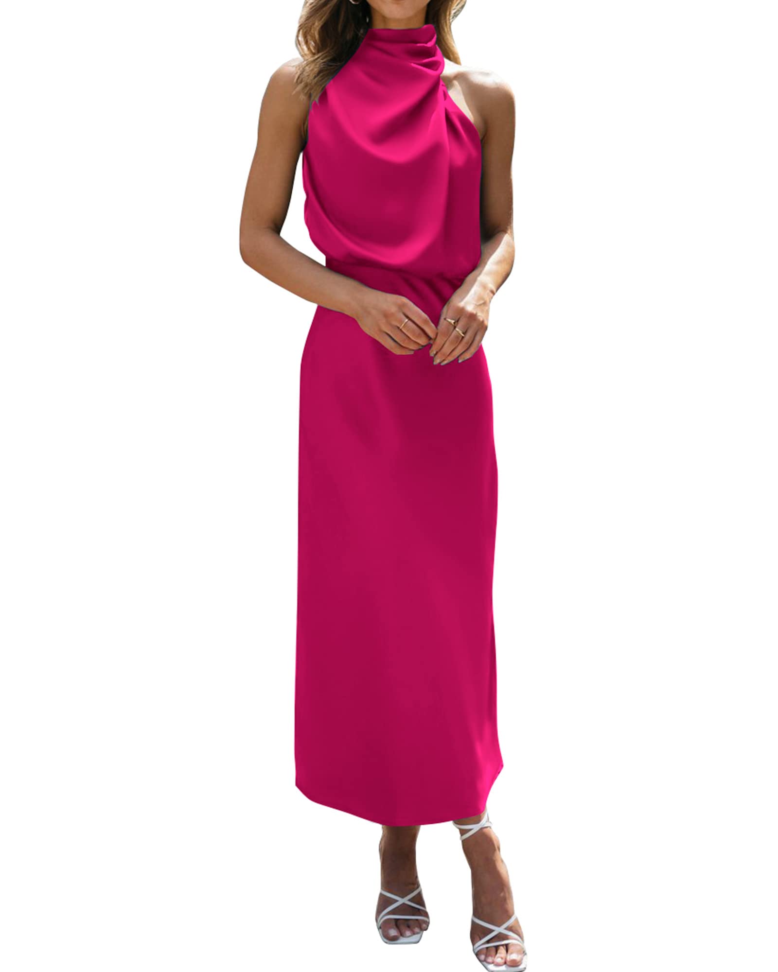 BTFBM Cocktail Dresses for Women Summer Satin Silk Sleeveless Mock Neck Maxi Wedding Guest Dress Spring Outfits