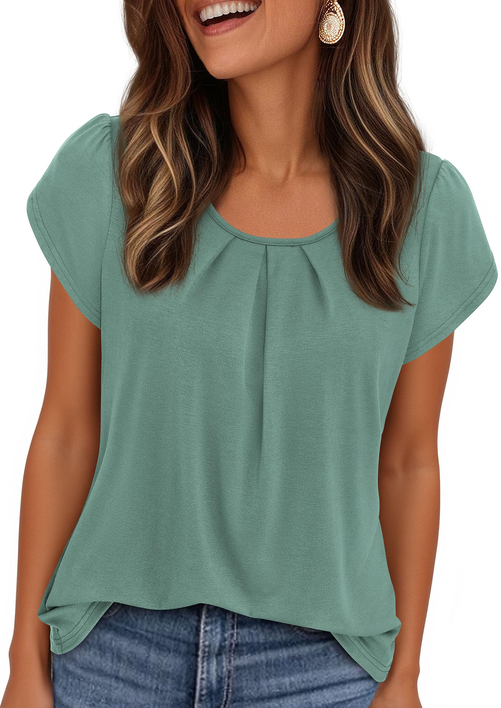 PRETTYGARDEN Womens Tops Dressy Casual Summer Short Sleeve Blouses Crew Neck Pleated Basic T Shirts Spring Clothes