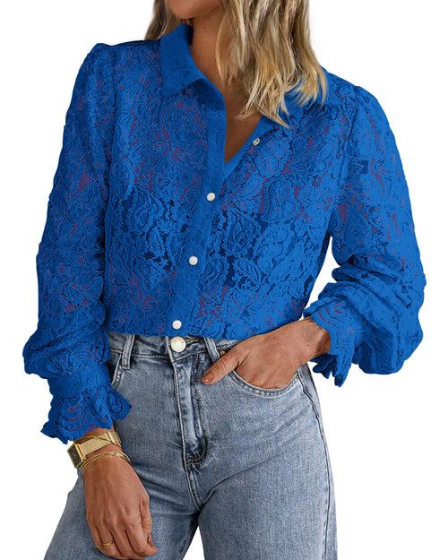 FreshPretty Long Sleeve Lace Blouses for Women Spring Dressy Casual Button Down Shirts Date Night Outfit Club Party Tops