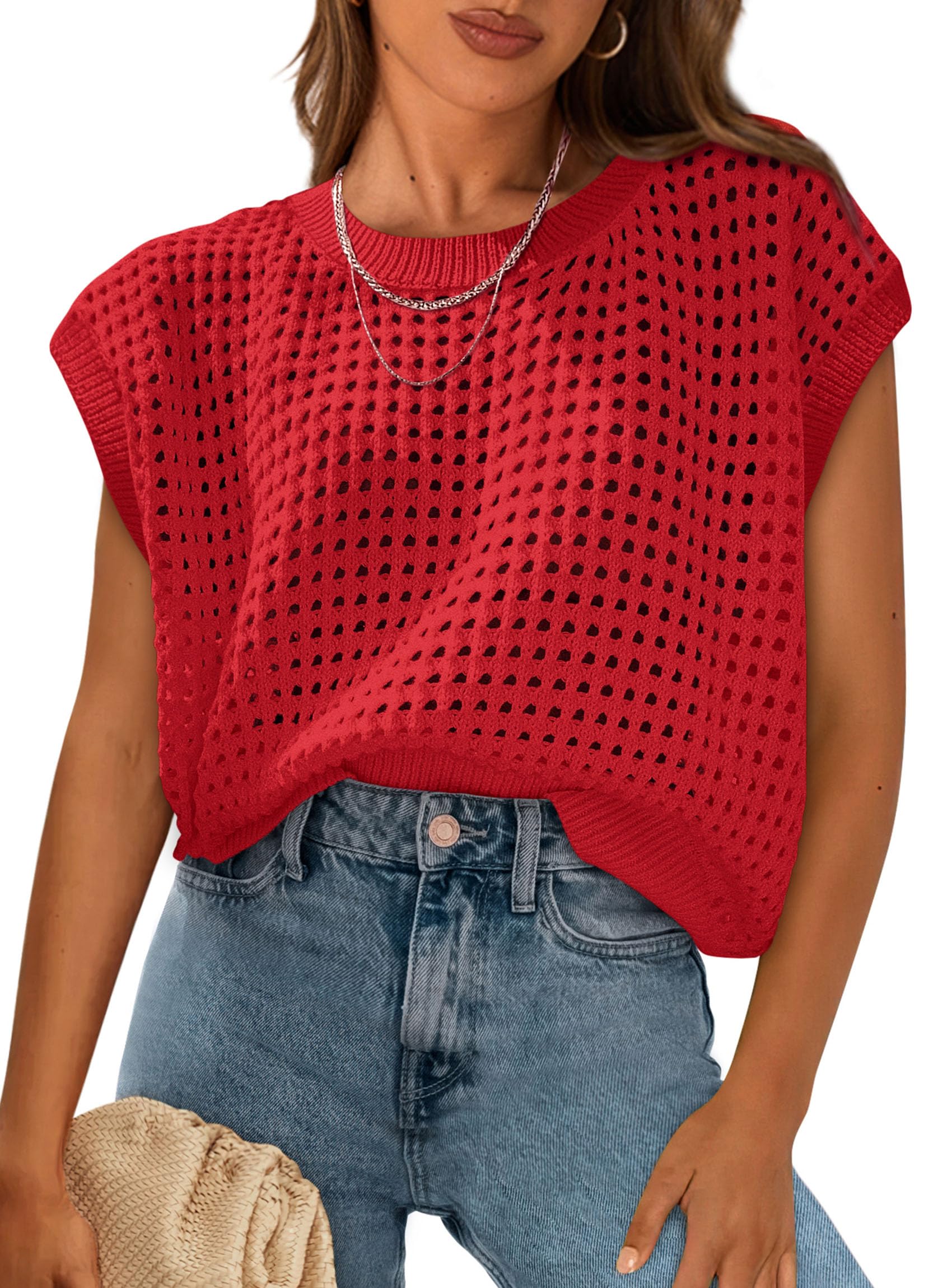 PRETTYGARDEN Womens Spring Tops Summer Shirts Crochet Cap Sleeve Sweater Pullover Cute Beach Vacation Clothes