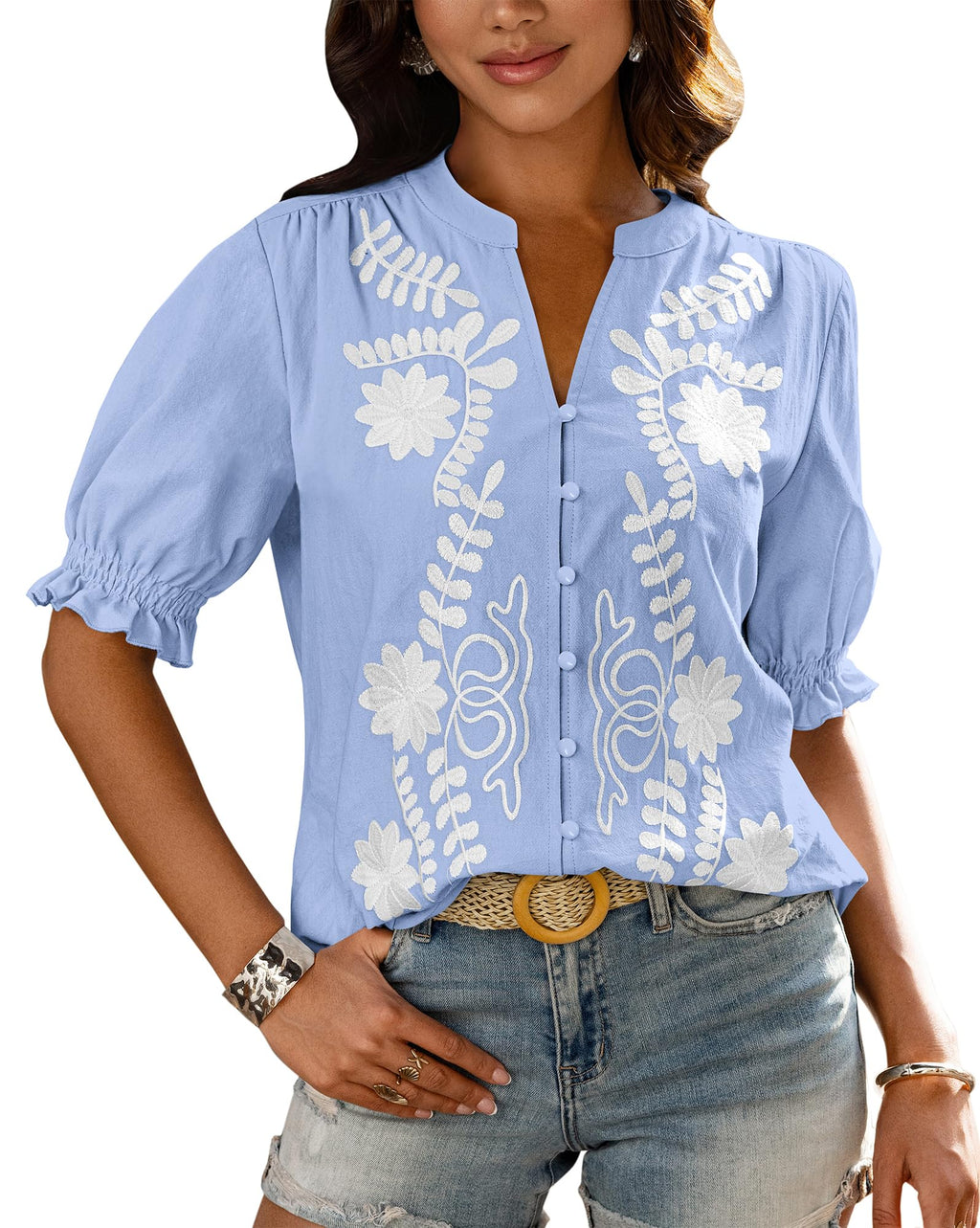 BTFBM Women's Spring Tops Casual Floral Boho V Neck Puff Short Sleeve Button Down Shirts Embroidered Blouses Tunic