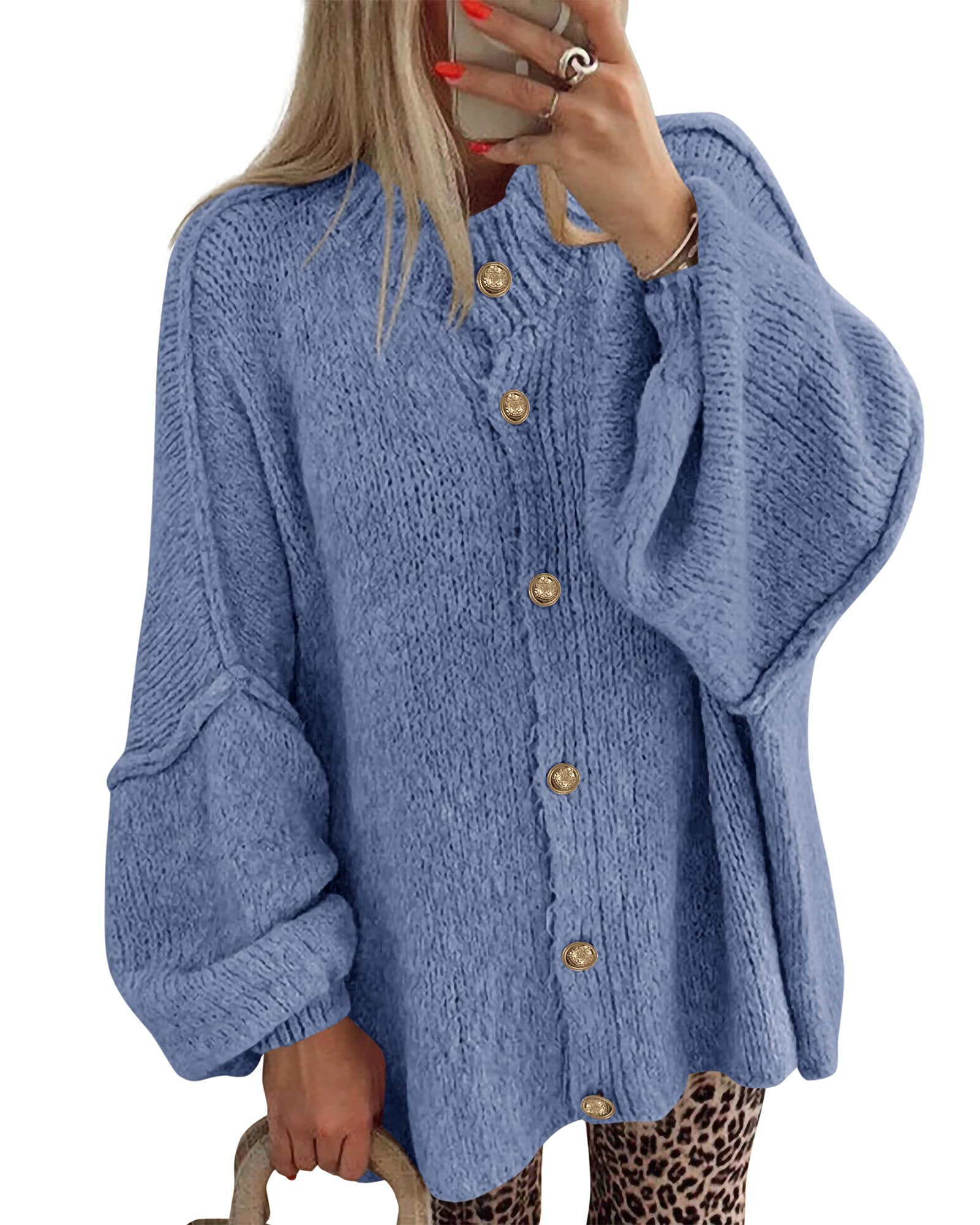 BTFBM Cardigan Sweaters for Women Fall Clothes Lantern Long Sleeve Button Open Front Chunky Knit Oversized Sweater