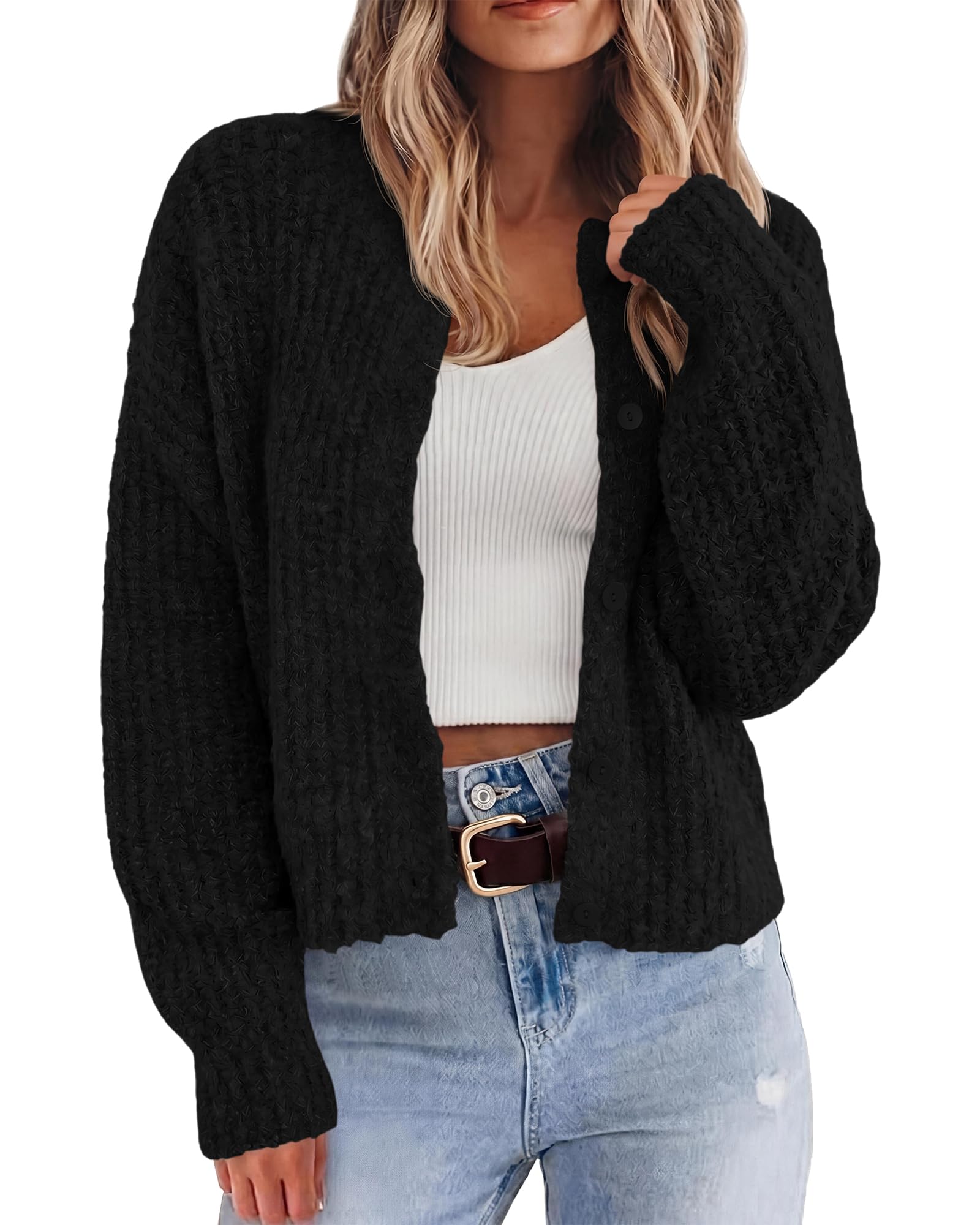 BTFBM Cardigan Sweaters for Women Fall Long Sleeve Button Down Soft Loose Chunky Knit Outwear Cropped Winter Coats