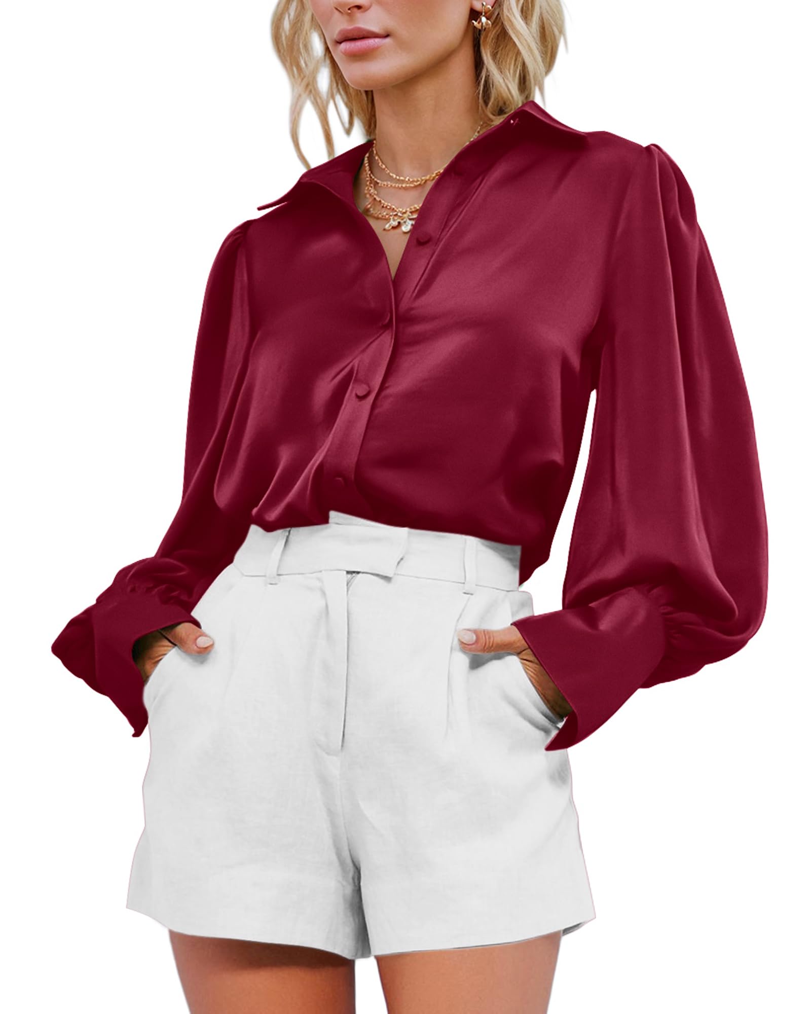 BTFBM Women Satin Blouses Summer Fall Clothes Button Down Lantern Long Sleeve Shirts Work Business Casual Dressy Tops