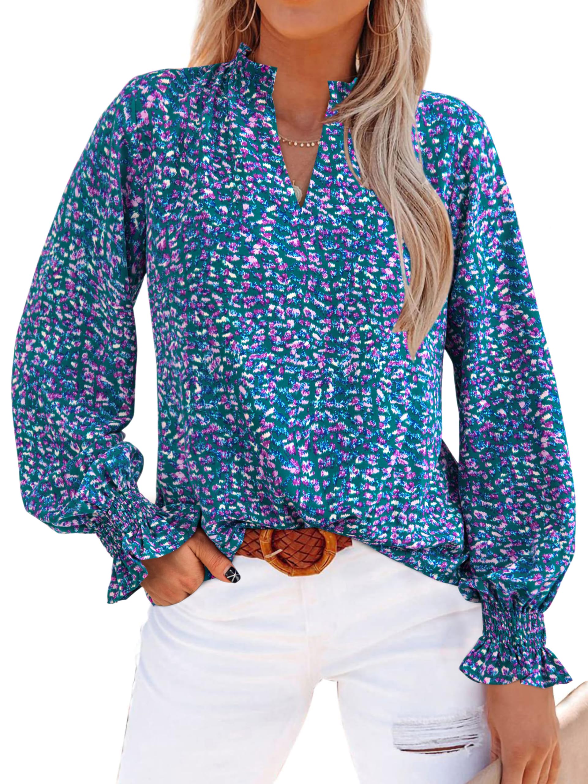 FreshPretty Womens V Neck Floral Long Sleeve Tops Summer Casual Loose Puff Sleeve Chiffon Boho Work Blouse Dressy T Shirts