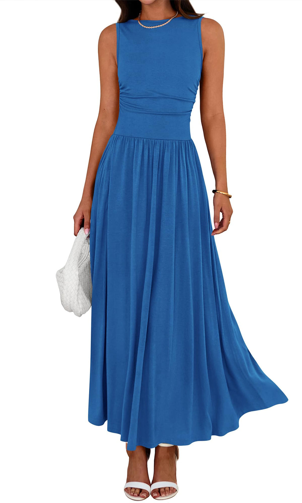 BTFBM Summer Maxi Dresses for Women Spring Sleeveless Casual Ruched High Waisted Long Sundress Flowy Beach Dress