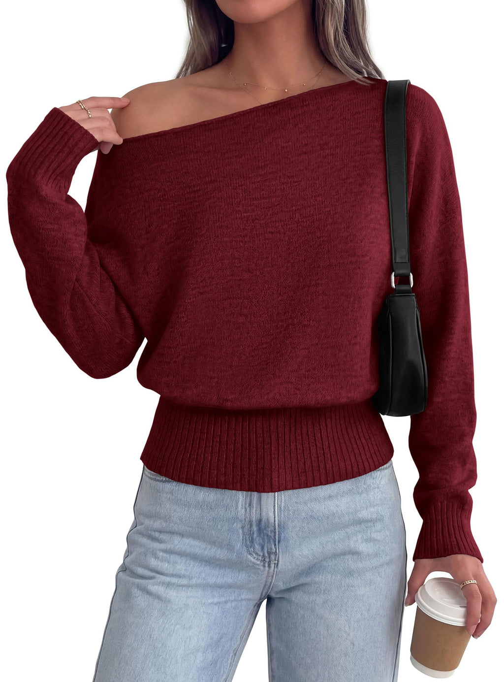 PRETTYGARDEN Womens Off The Shoulder Sweater Fall Fashion Soft Stretchy Knit Fabric, Batwing Long Sleeve Cinched Waist Cropped Sweaters, Date Night Outfit, Asymmetrical Going Out Tops
