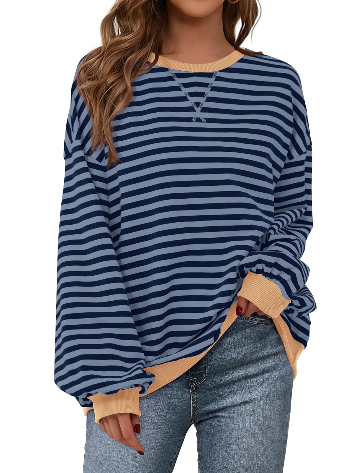 PRETTYGARDEN Womens Striped Oversized Sweatshirt Color Block Crew Neck Long Sleeve Casual Loose Pullover Top Y2K Clothes