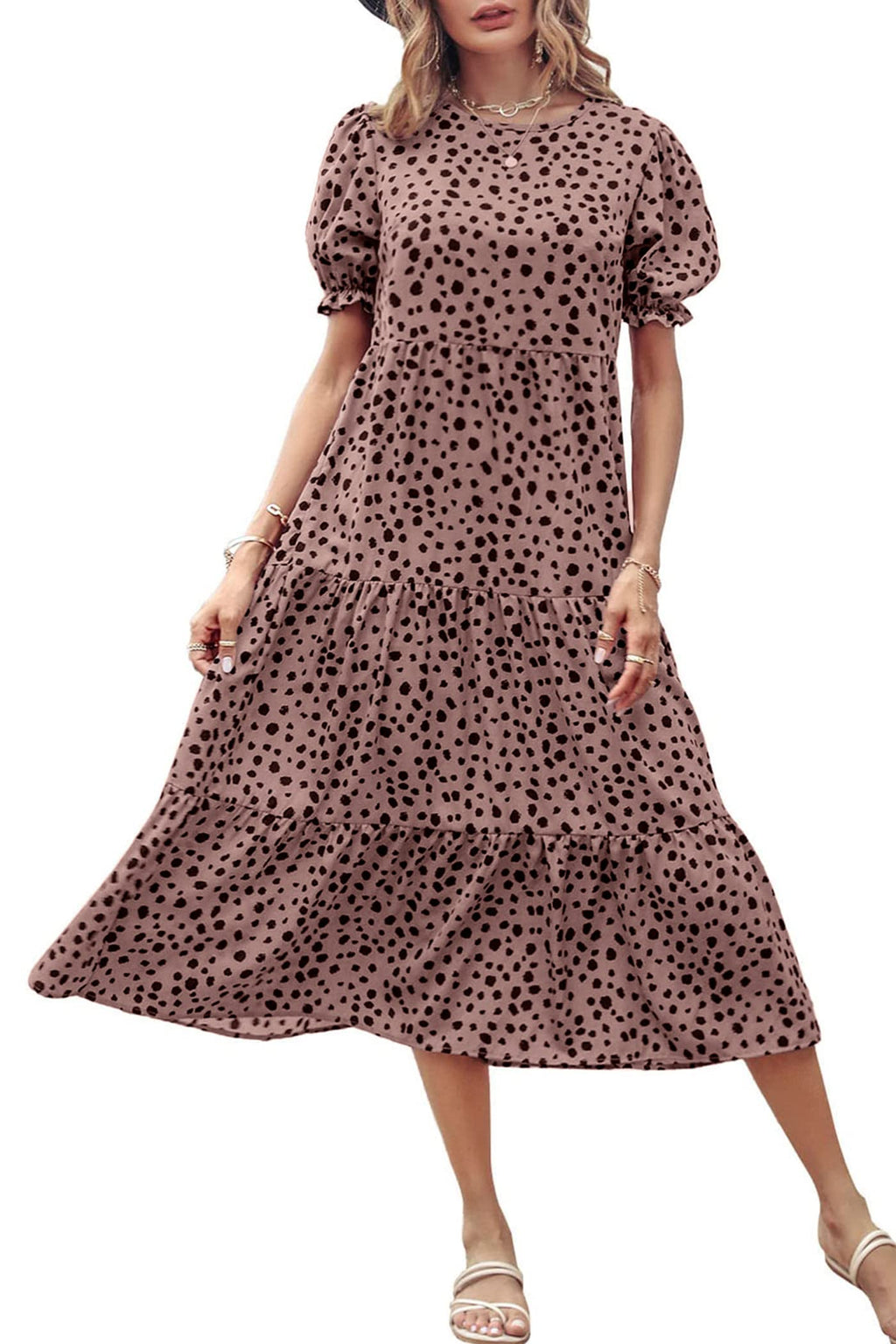 PRETTYGARDEN Summer Dresses for Women Casual Floral Boho Midi Sun Dress Puff Short Sleeve Flowy Beach Vacation Sundress